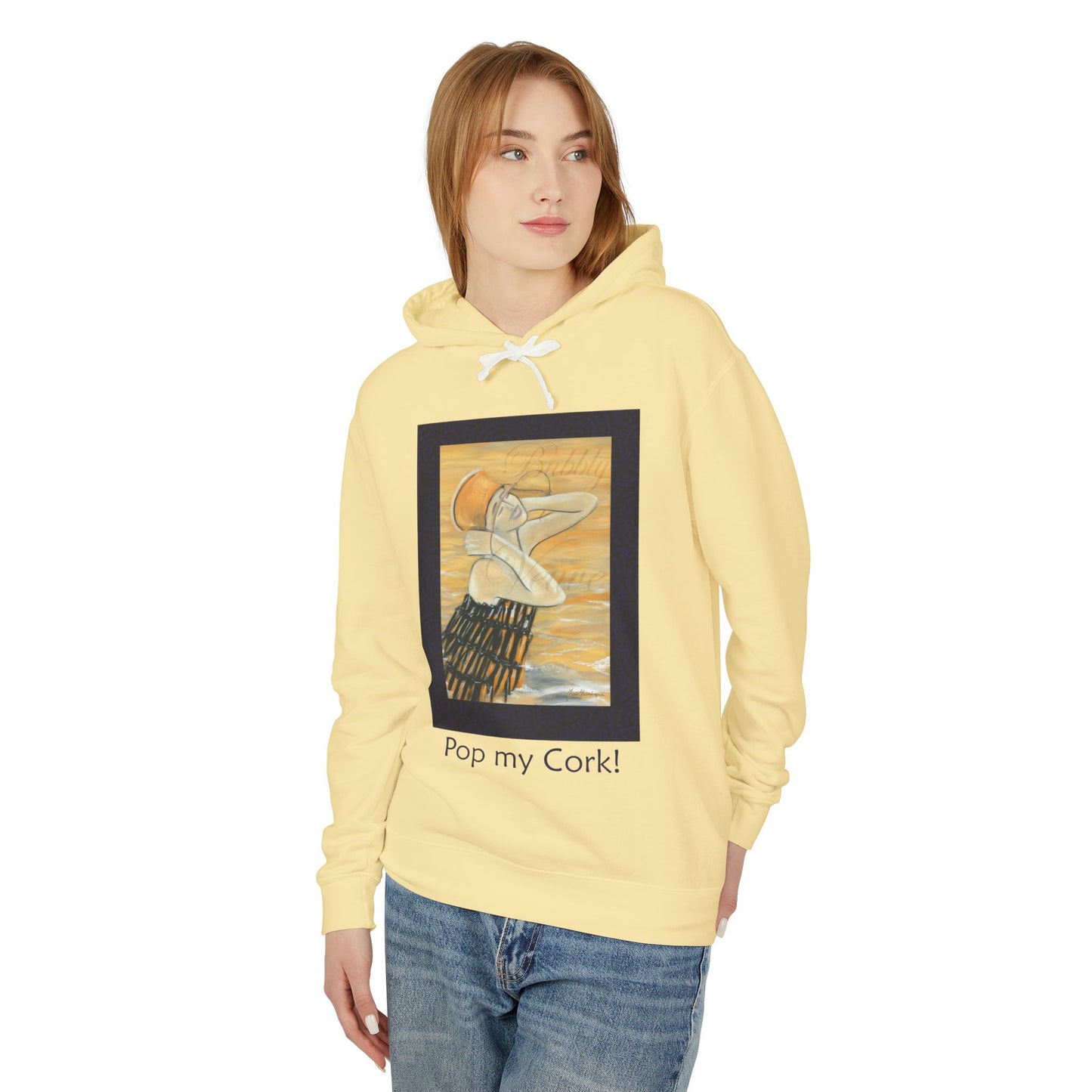 Celebration, Hooded Sweatshirt: Sexy Woman Dressed as Champagne Bottle "Pop my Cork! by artist Marie Frederique