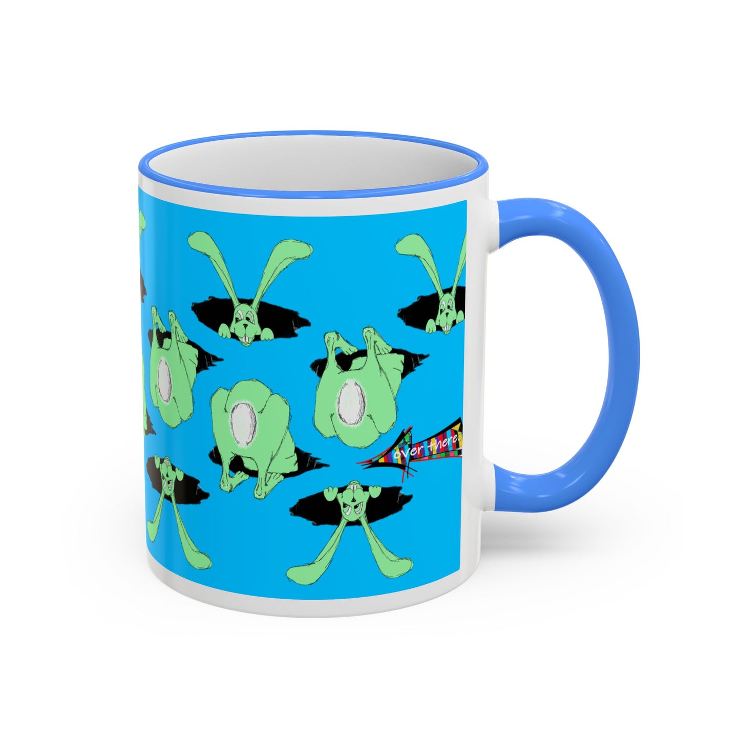 Where is Alice? Playful Green Bunny Pattern Accent Rim Mug (11oz & 15oz) by artist Marie Frederique
