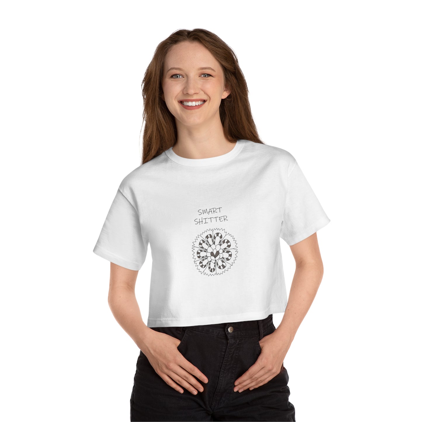 SMART SHITTER, with a Mandala Flower in black and white - Champion Women's Heritage Cropped T-Shirt by Artist Marie Frederique