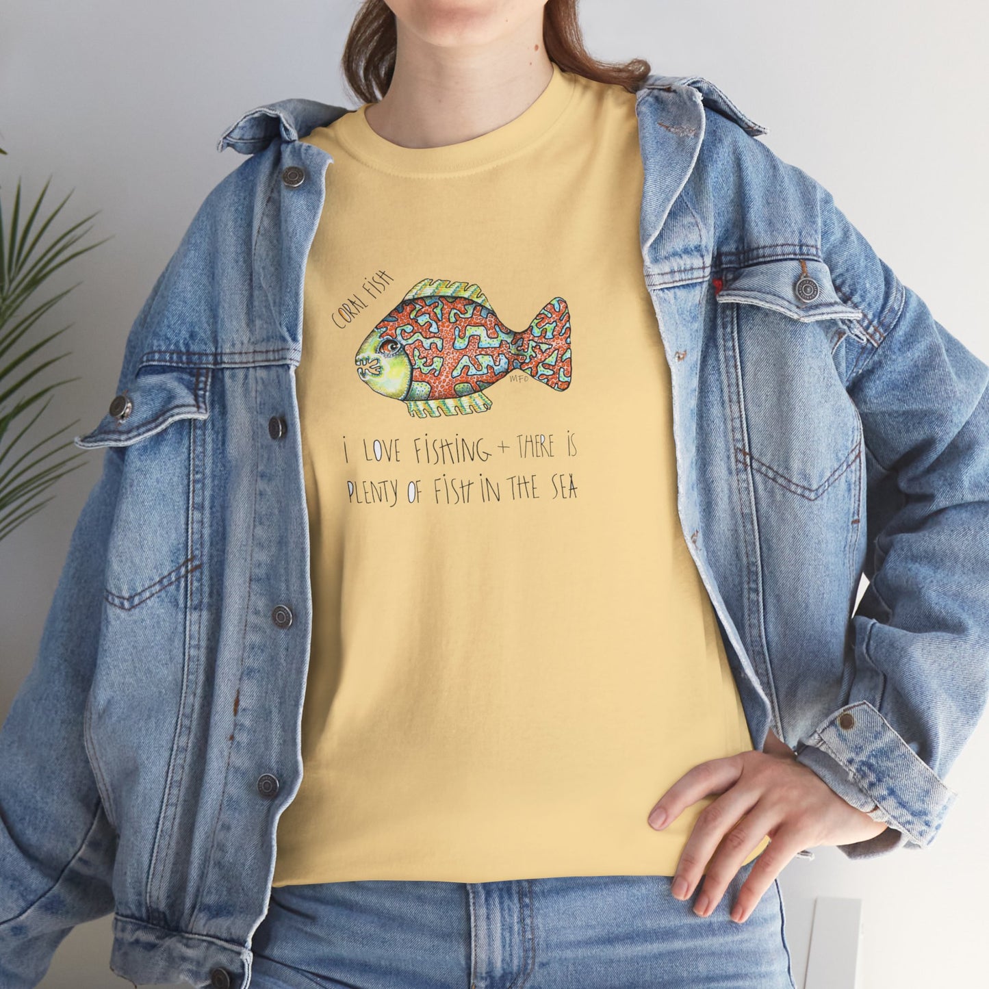 Fishing "I love Fishing + there is plenty of fish in the sea" Coral Fish - Unisex Heavy Cotton Tee by artist Marie Frederique