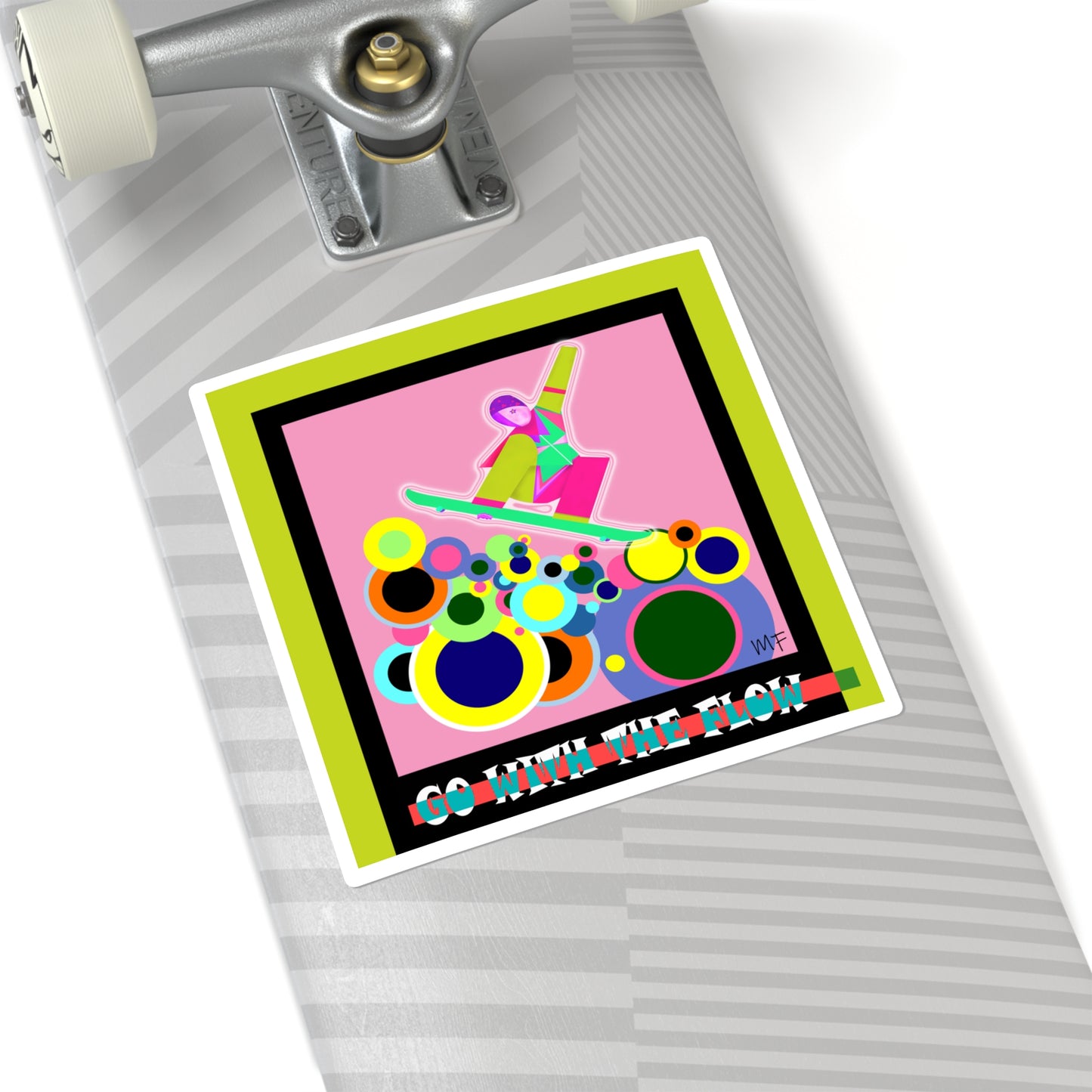 Skateboard - Go with the flow, Designer Graphic Illustration multicolored Sticker in 4 sizes by artist Marie Frederique