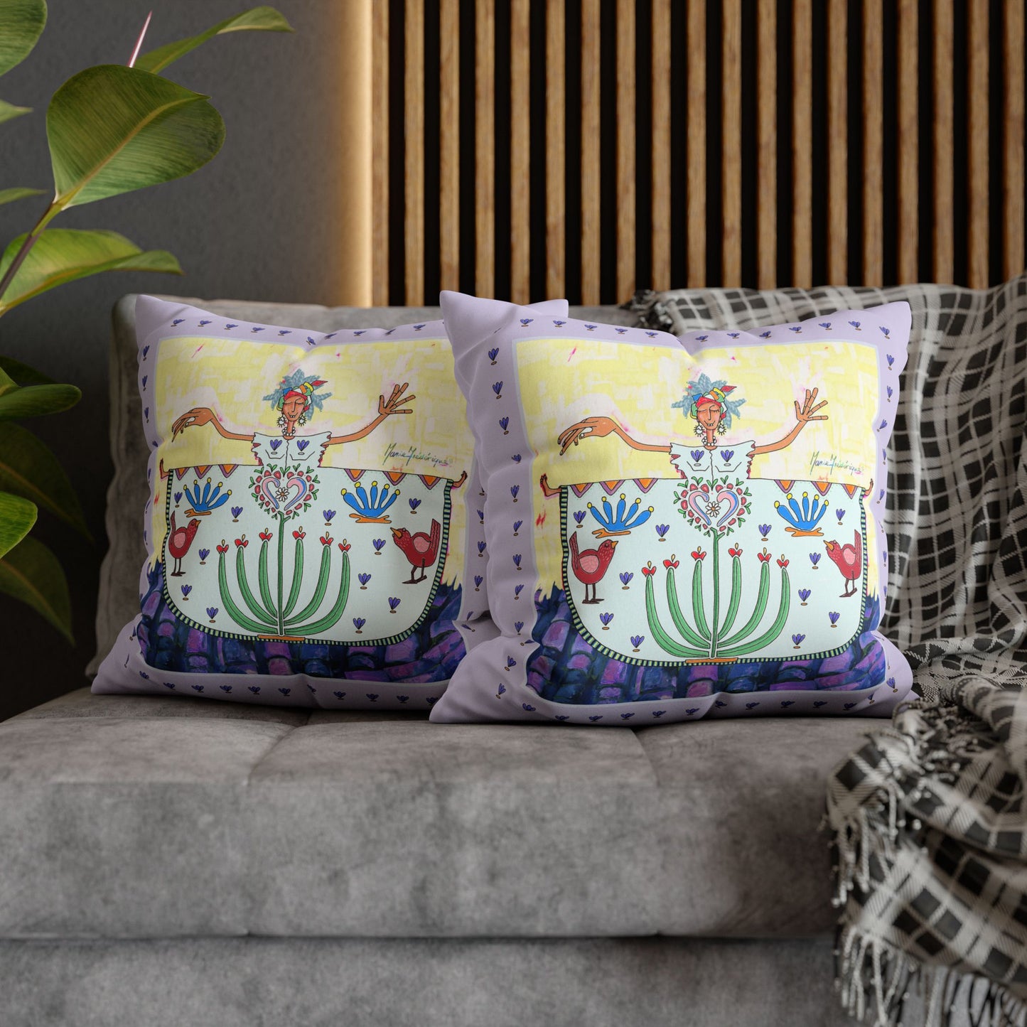 Chic Island Lavender Folk Art Pillowcase — Colorful Woman & Floral Motif Faux Suede Square Pillow by artist Marie Frederique