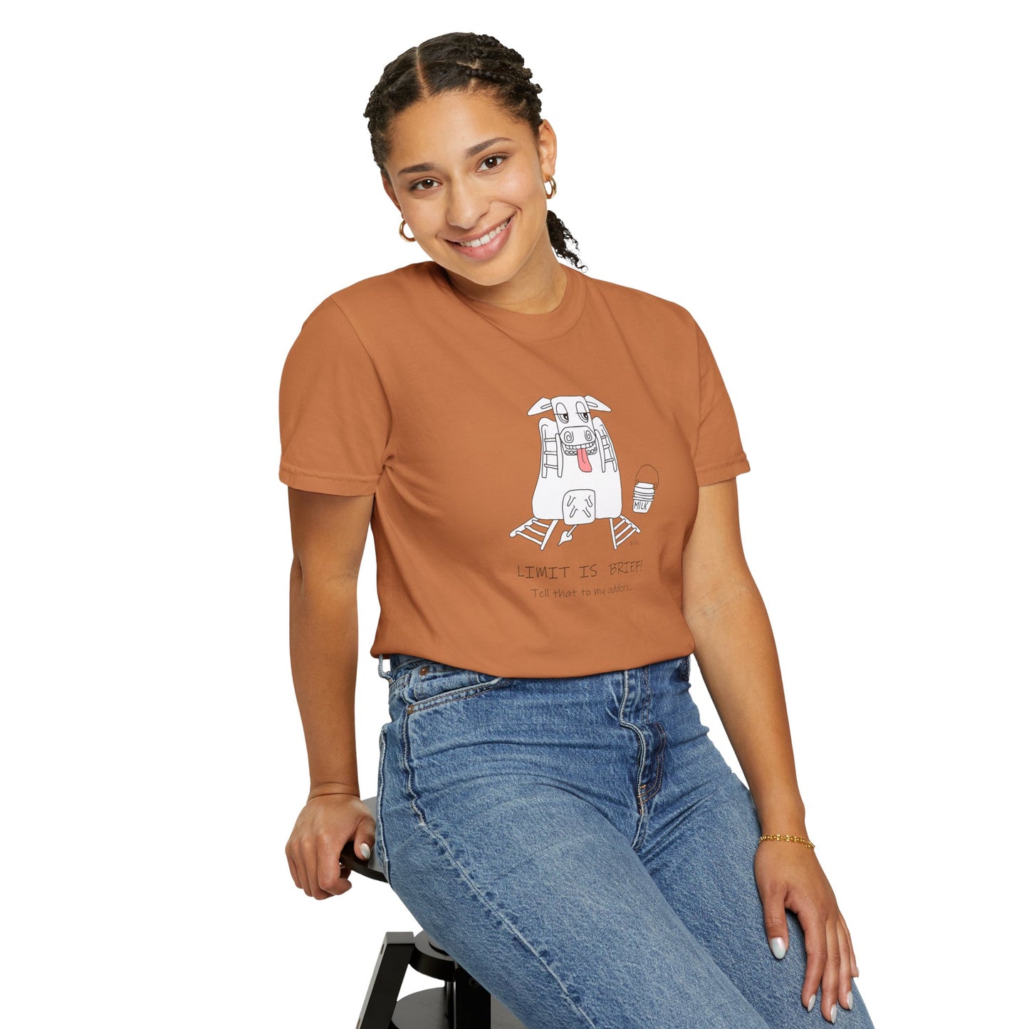 Cow lovers, LIMIT IS BRIEF! Tell that to my udders... T-shirt by artist Marie Frederique