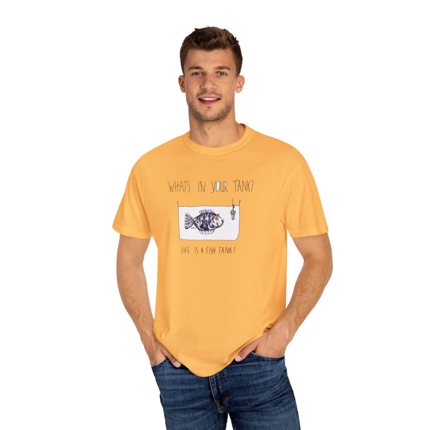 Life is a Fish Tank Collection, "What's in your tank?  Cat Fish with a dangling mouse on a hook. Unisex Garment-Dyed T-shirt by artist Marie Frederique