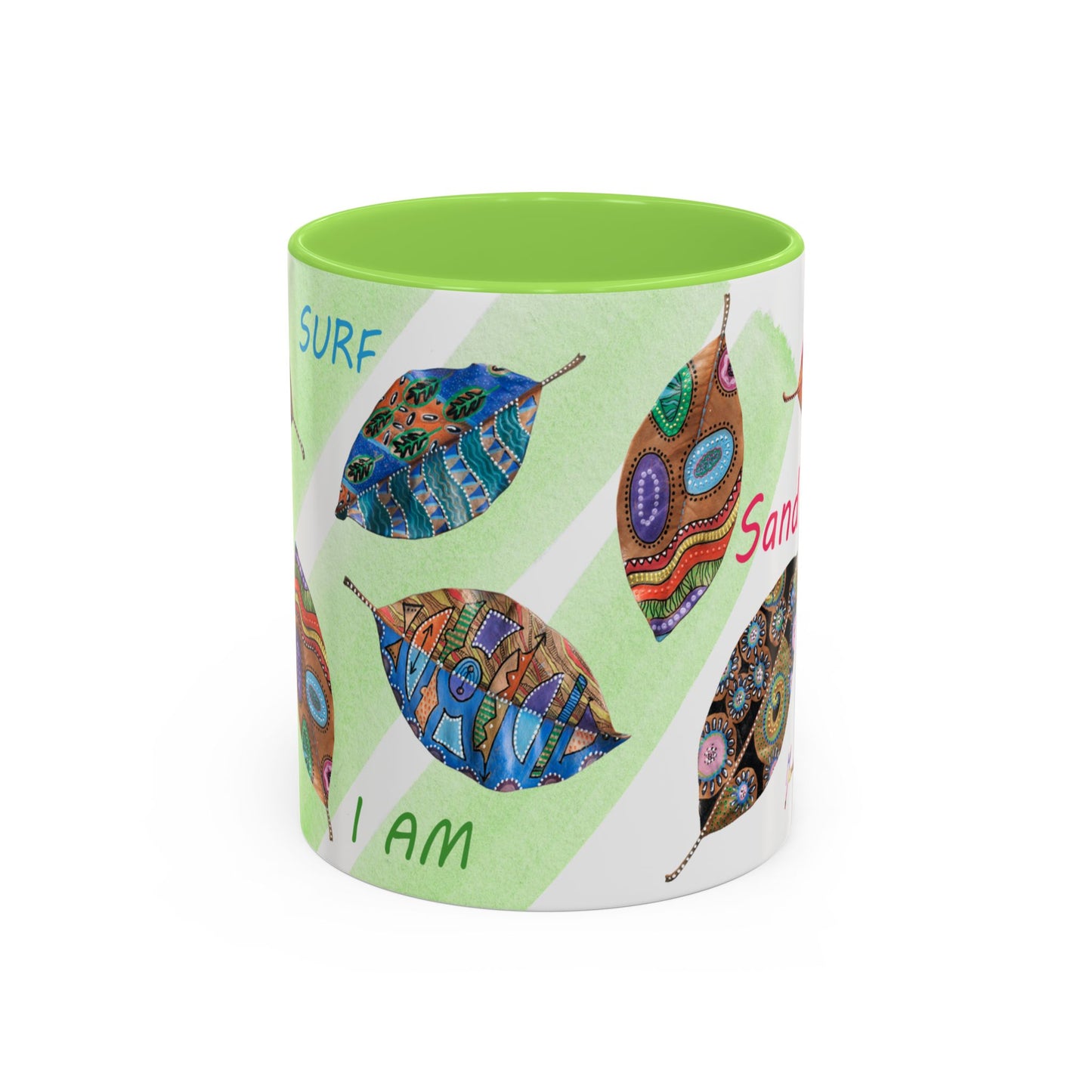 Surf, Sand and Sun multicolored painted leaves - Colorful Mug by Artist Marie Frederique