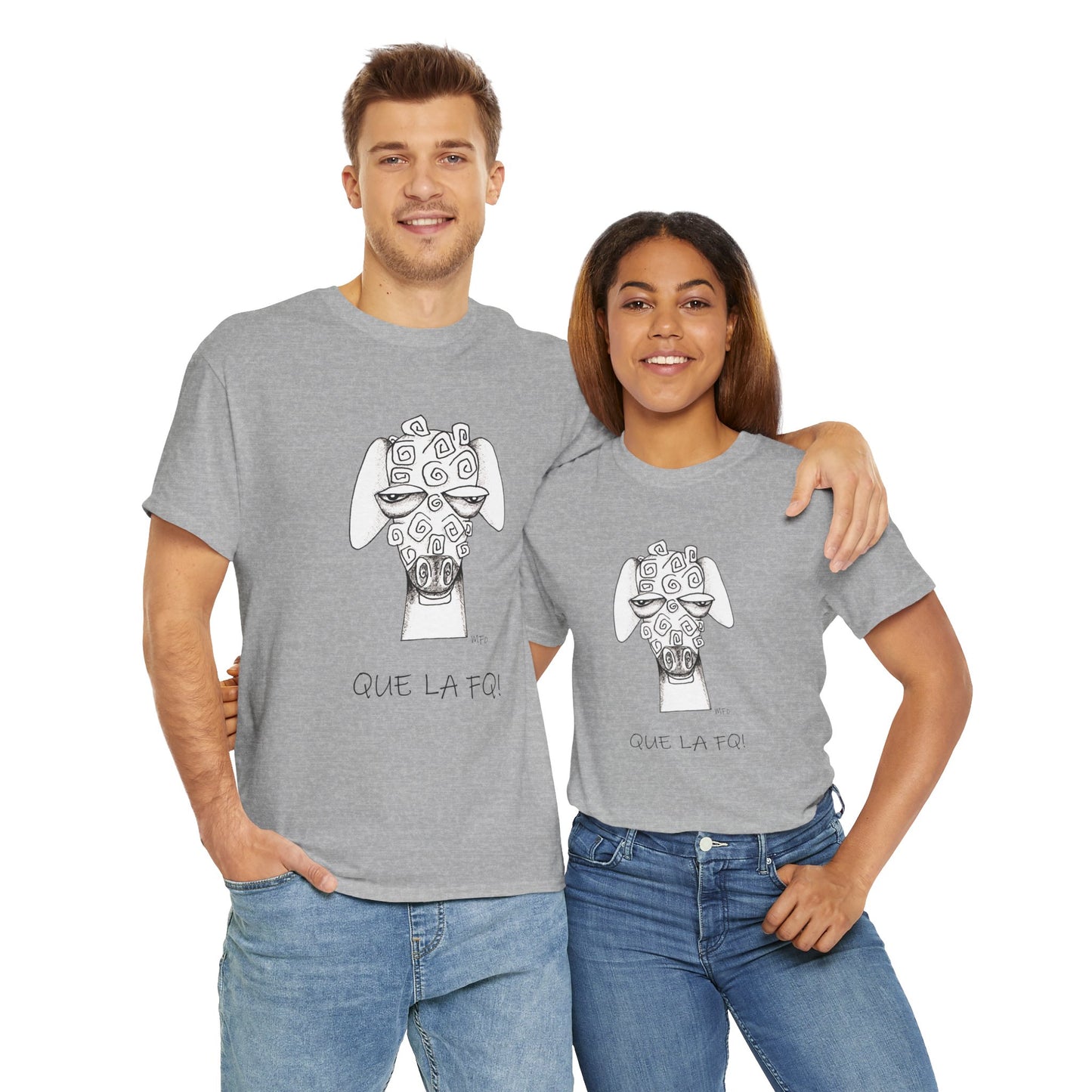 Adult Humor "QUE LA FQ!" with a whimsical drawing of a sheep's face - Unisex Heavy Cotton Tee by artist Marie Frederique