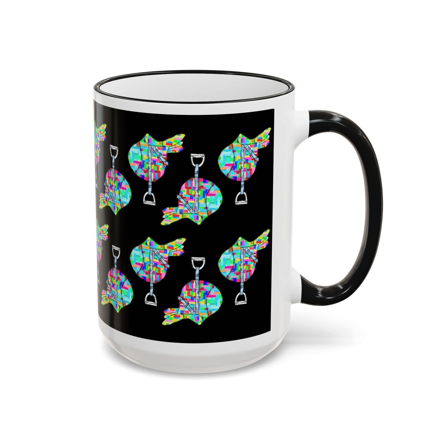 Saddle Patchwork Accent Rim Mug – Equestrian Colorful Mosaic Pattern (11oz, 15oz) by artist Marie Frederique
