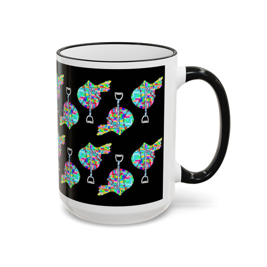 Saddle Patchwork Accent Rim Mug – Equestrian Colorful Mosaic Pattern (11oz, 15oz) by artist Marie Frederique