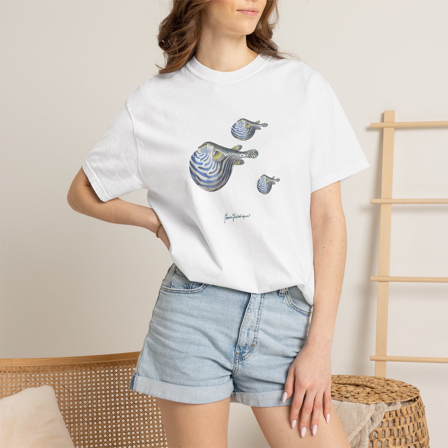 Blowfish Trio Graphic T-Shirt — Nautical Beach Vibes by artist Marie Frederique