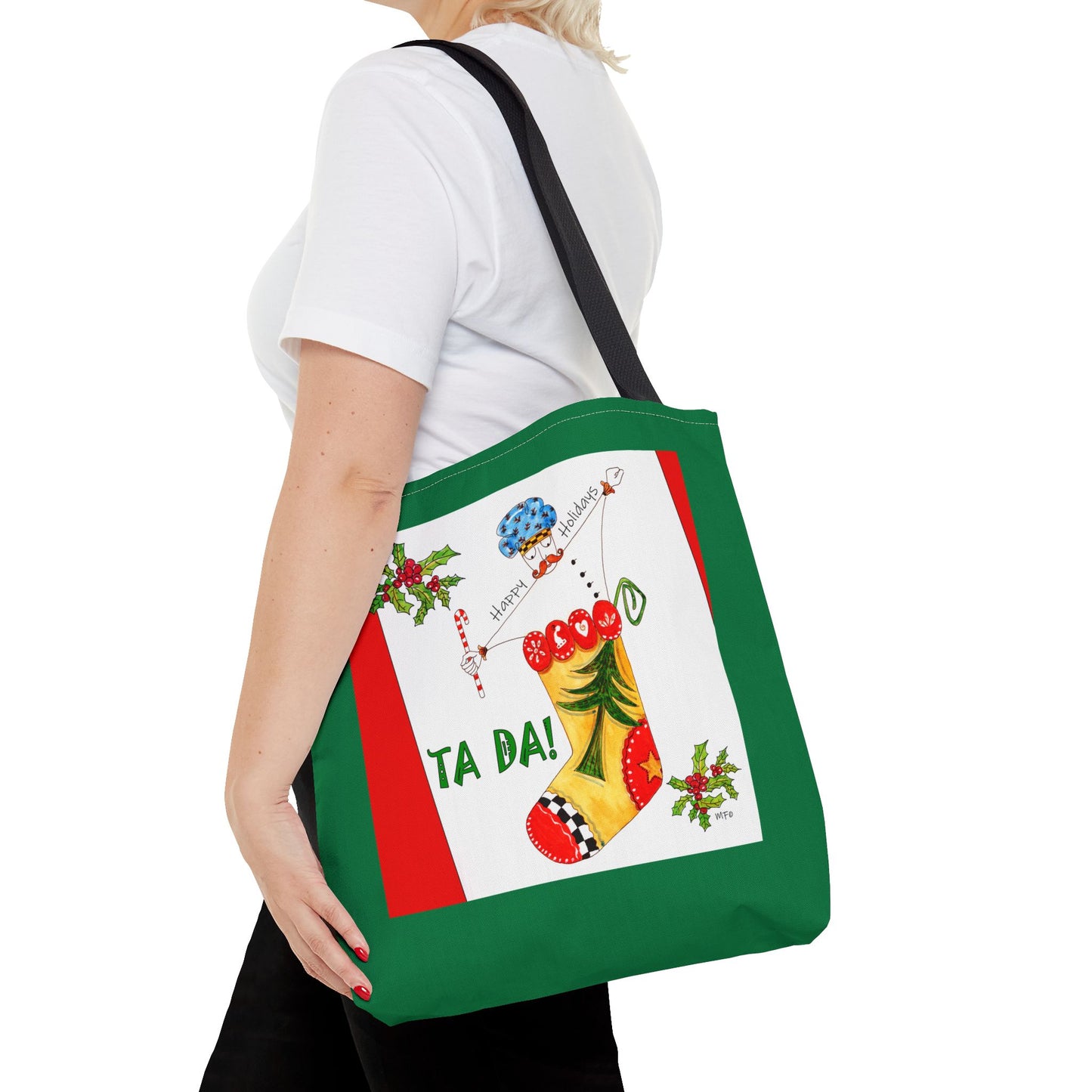 Christmas Stocking Tote Bag – 'Ta Da!' Holiday Gift & Shopping Tote by artist Marie Frederique