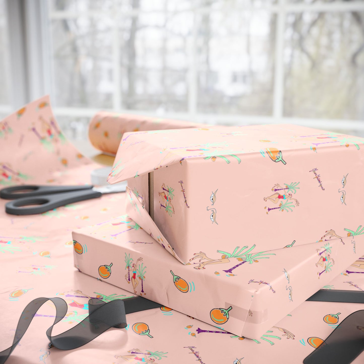 Party Pink Wrapping Paper Roll — Cute Tropical Dancer Pattern Gift Wrap by artist Marie Frederique