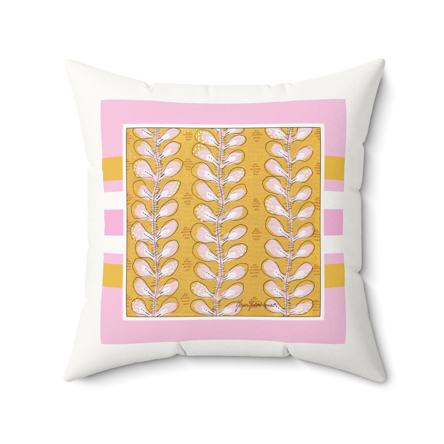 Decorative Gold and Pink Boho Square Pillow - Double-Sided Faux Suede Design by artist Marie Frederique