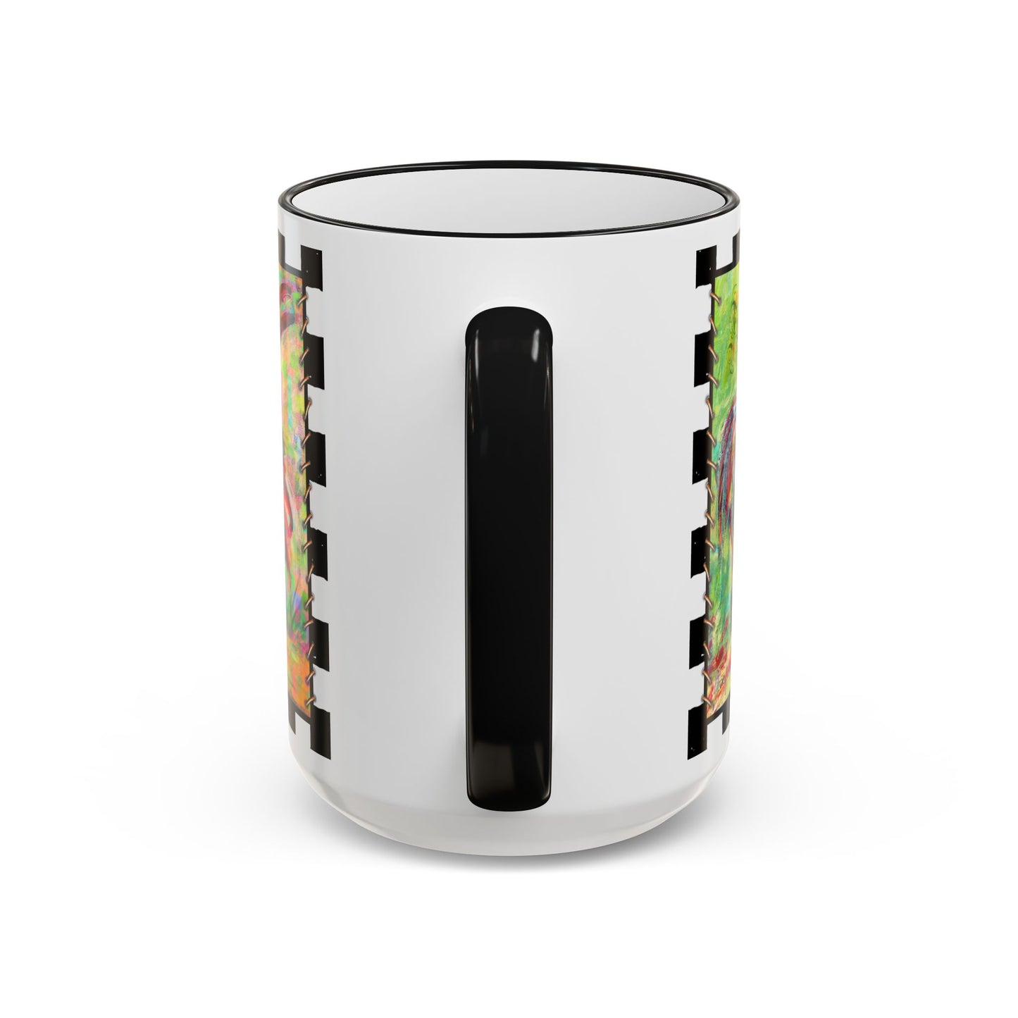 Checkerboard Scruffy & Freckles Rooster Accent Rim Mug – Colorful Farmhouse Coffee Cup (11oz & 15oz) by artist Marie Frederique