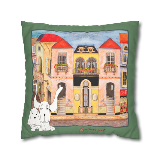 Whimsical Town & Dogs Faux Suede Pillow cover — Chefetteville, Decorative Square Throw Pillow Cover by artist Marie Frederique