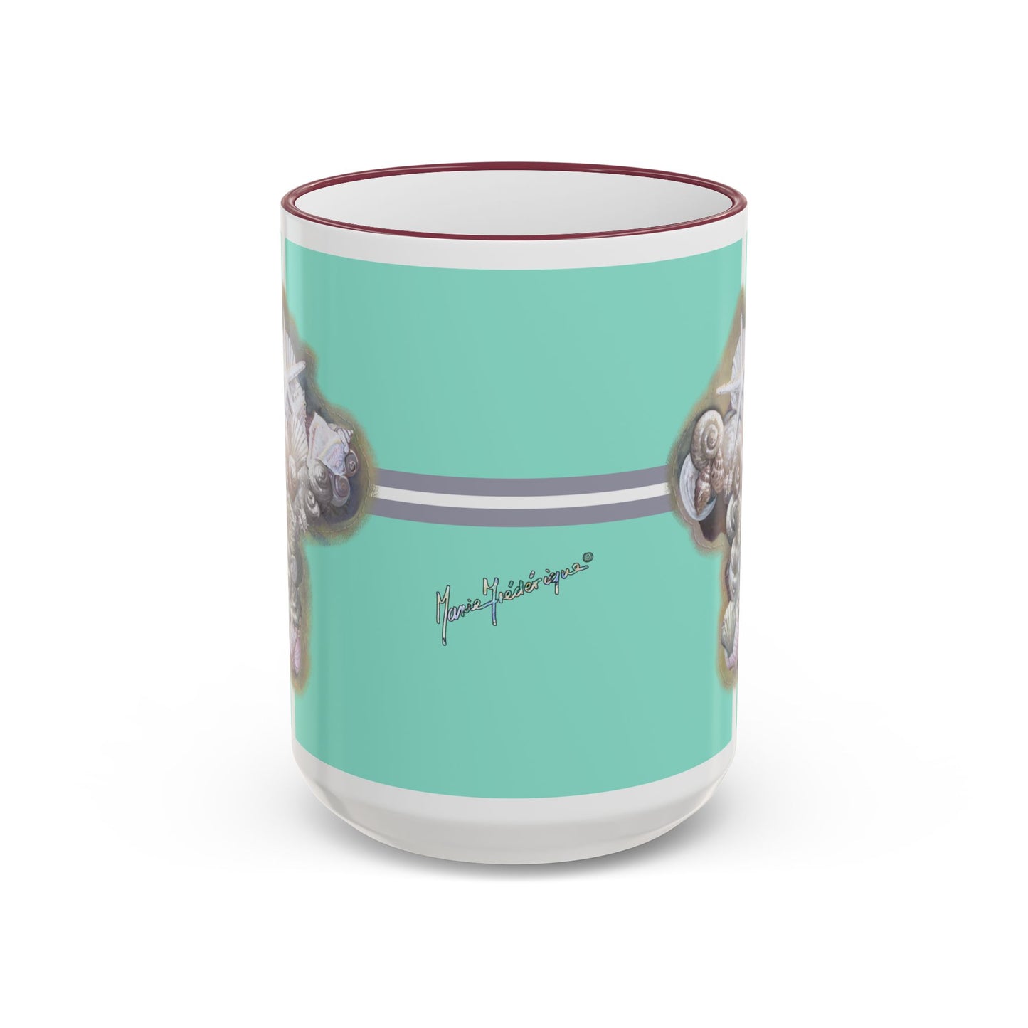 Seashell Cross, Accent Rim Mug — Christian Coffee Cup (11oz/15oz) by artist Marie Frederique