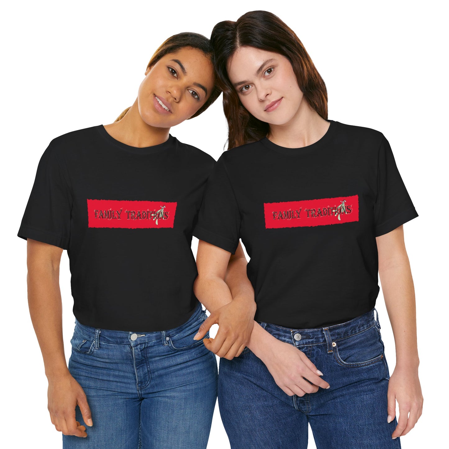 Family Traditions Mistletoe T‑Shirt — Christmas Red Banner Graphic Tee by artist Marie Frederique