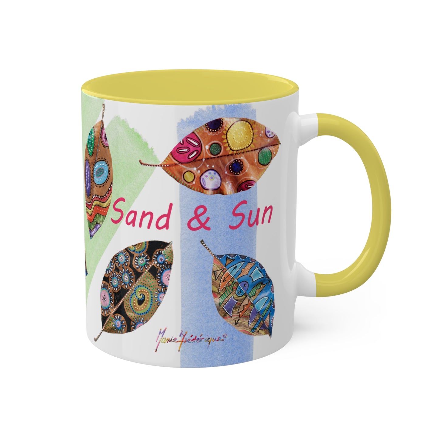 I AM Surf, Sand and Sun multicolored painted leaves series - Colorful Mug in 4 options, Red, Black, Yellow, and Cambridge Blue 11oz By Artist Marie Frederique