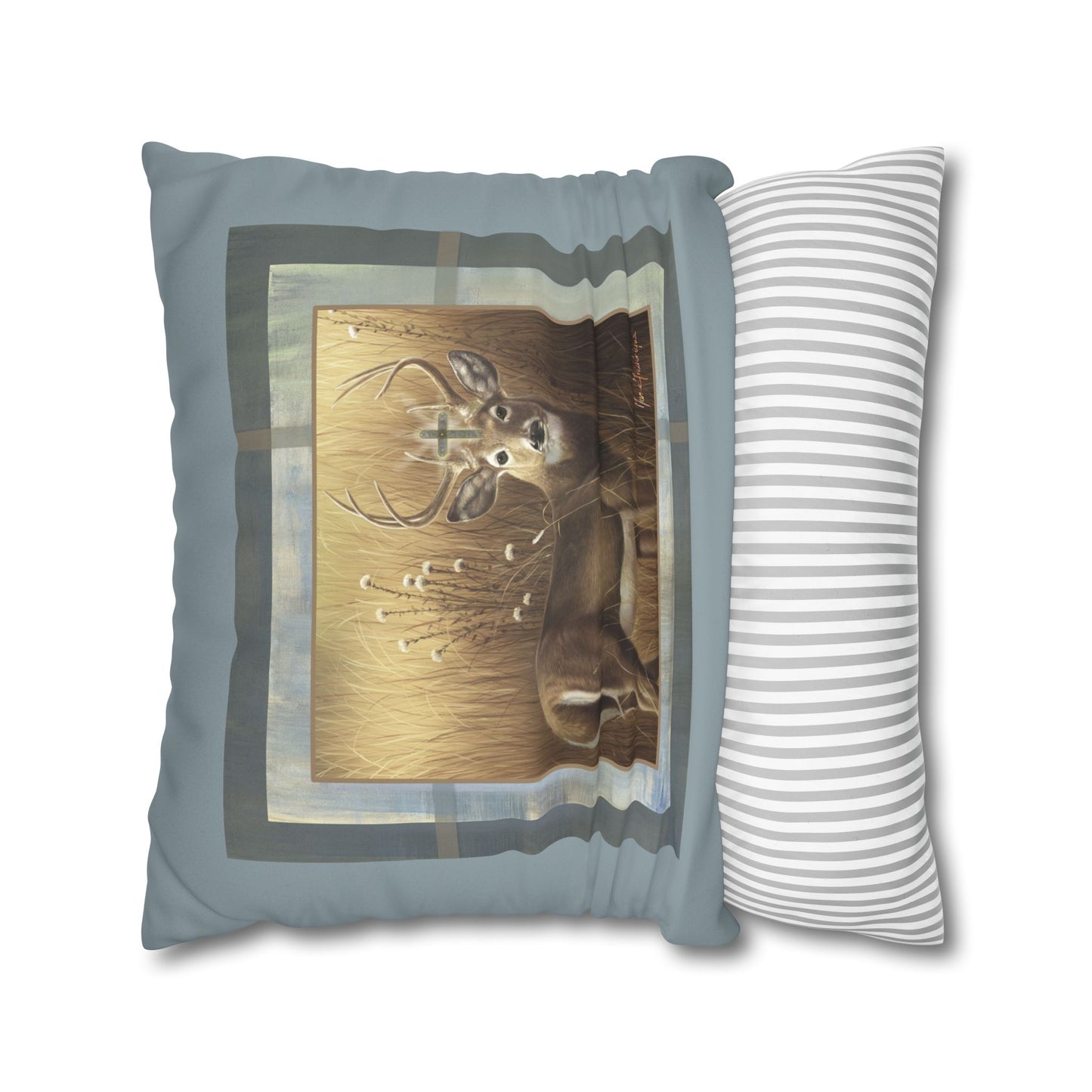 Christian Stag, Deer Faux Suede Pillowcase — Rustic Wildlife by artist Marie Frederique