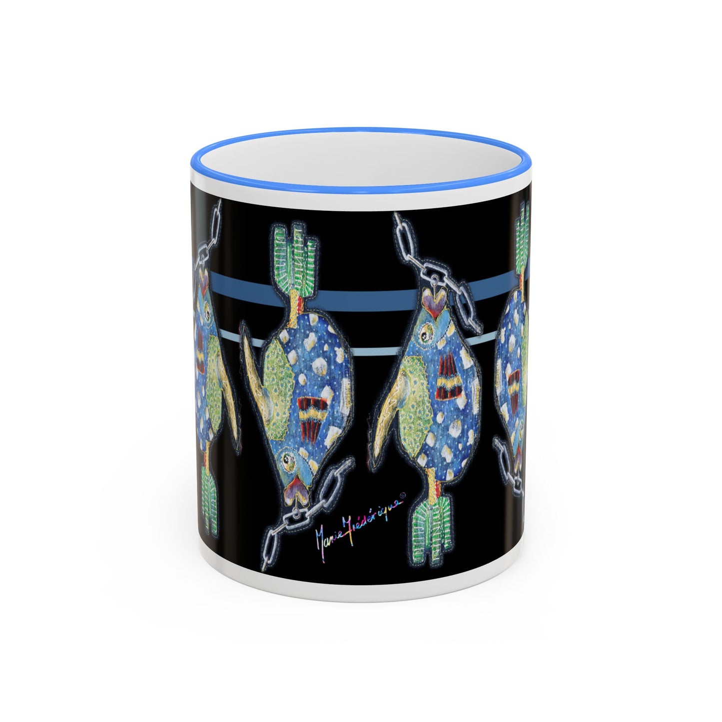 Fish on a Line Accent Rim Mug (11oz/15oz) by artist Marie Frederique