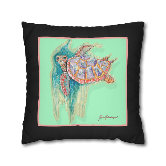 Sea Turtle Art Pillowcase – Colorful Coastal Faux Suede Throw Pillow by artist Marie Frederique