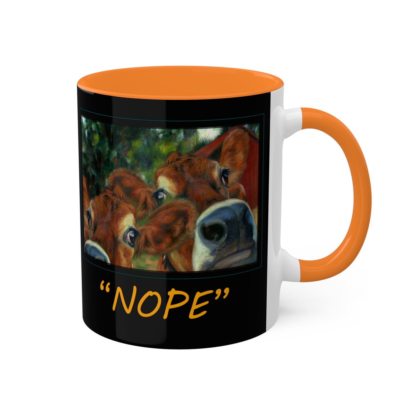 Cow art print, Colorful Udder "Nope" Mug in 3 colors, Black, Orange and light Green, 11oz by Artist Marie Frederique