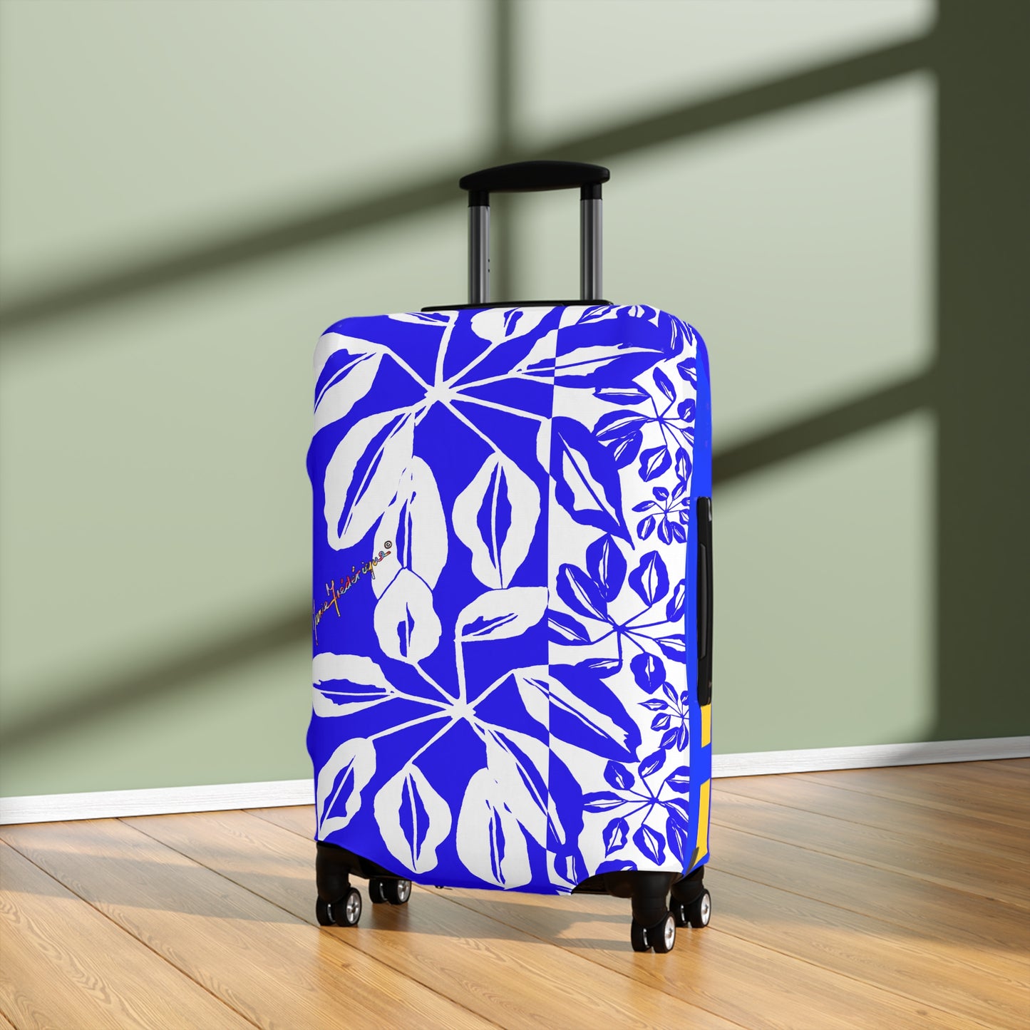 Luggage Cover, Tropical Leaves Blue and White by artist Marie Frederique