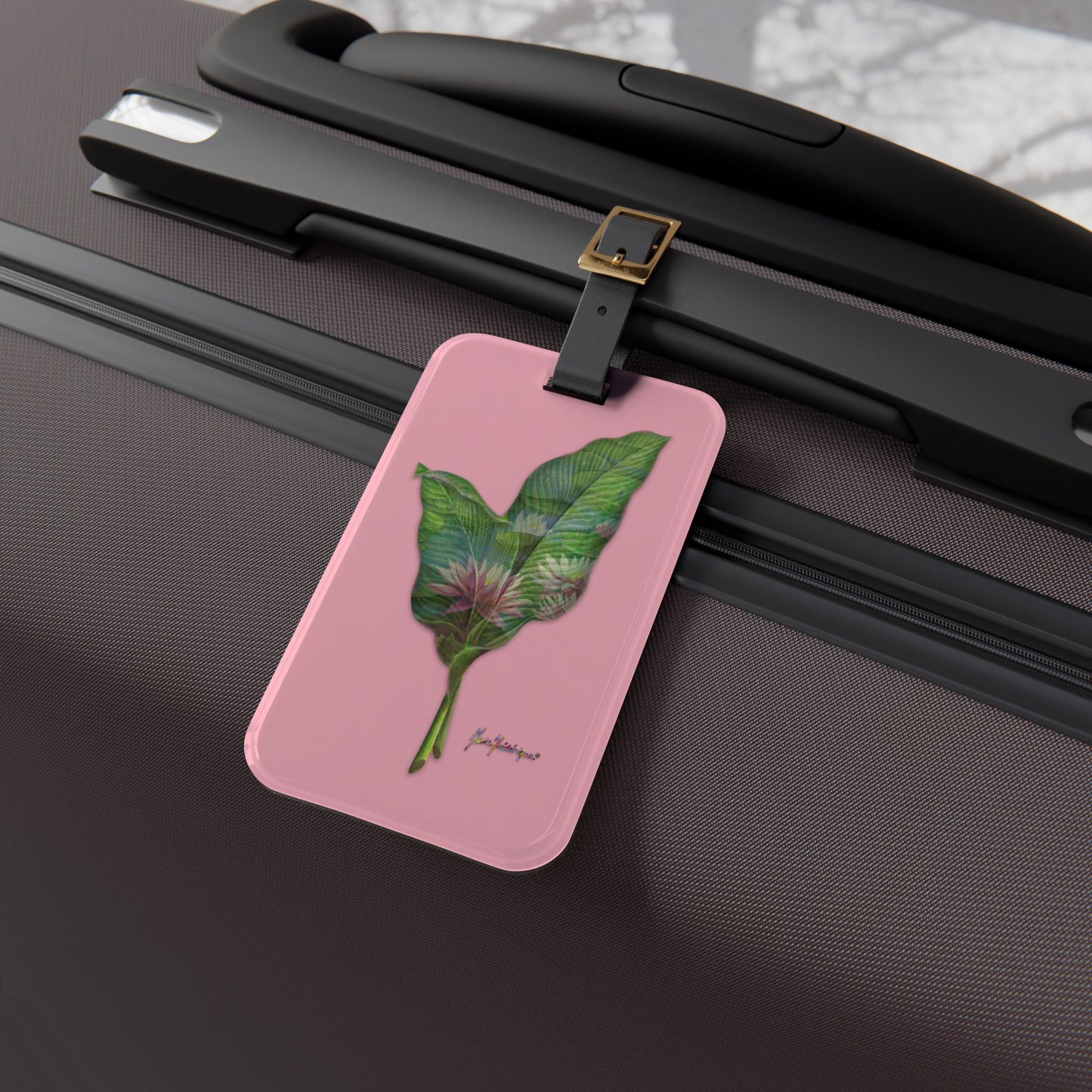 Luggage Tag with leather strap, Pink Lotus flower on a pink background by artist Marie Frederique