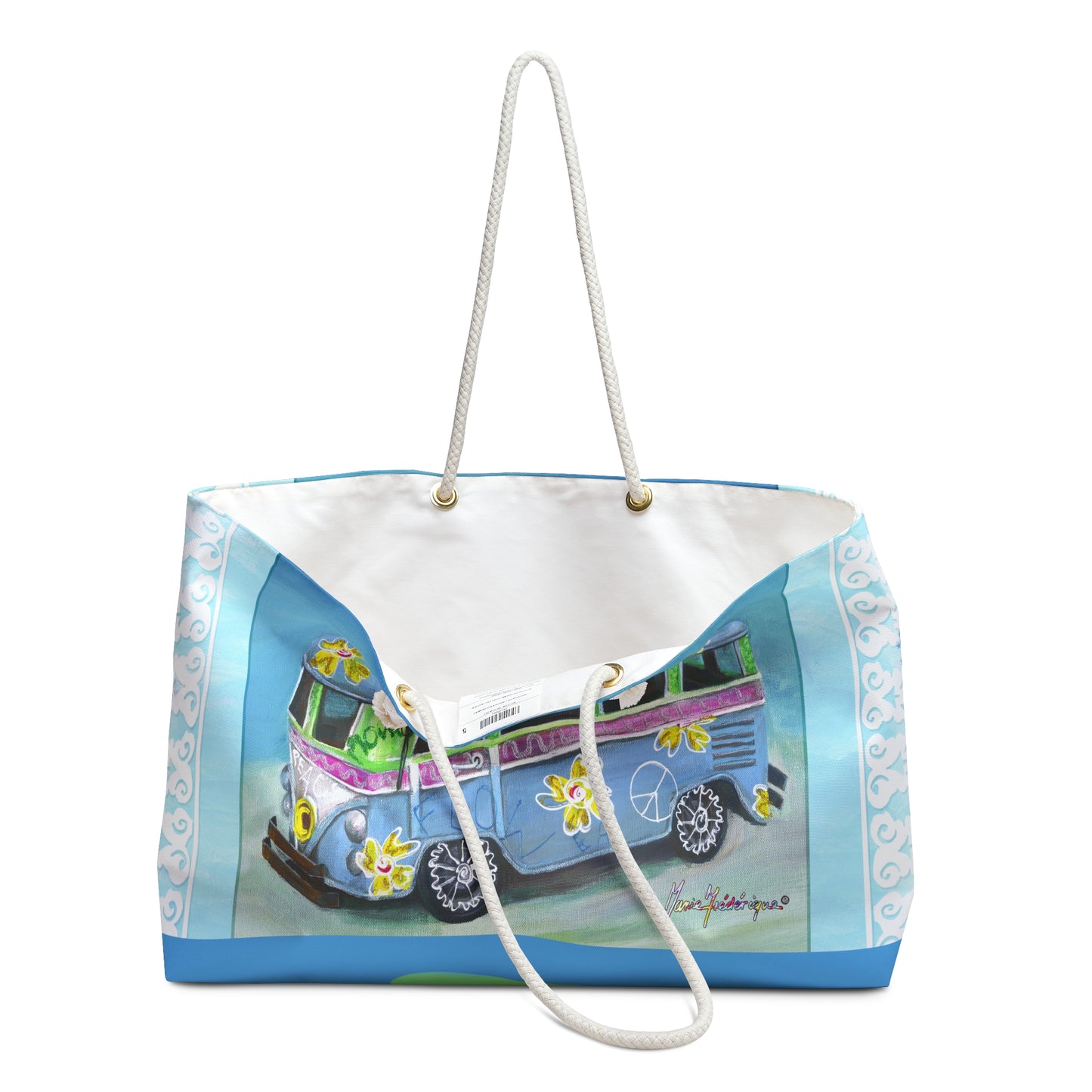 Hippie Van Beach Weekender Bag — Retro Surfboard Travel Tote by artist Marie Frederique