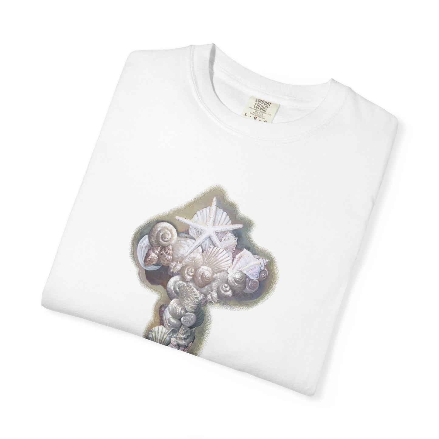 Cross of seashells, Coastal Graphic T-Shirt by artist Marie Frdeerique