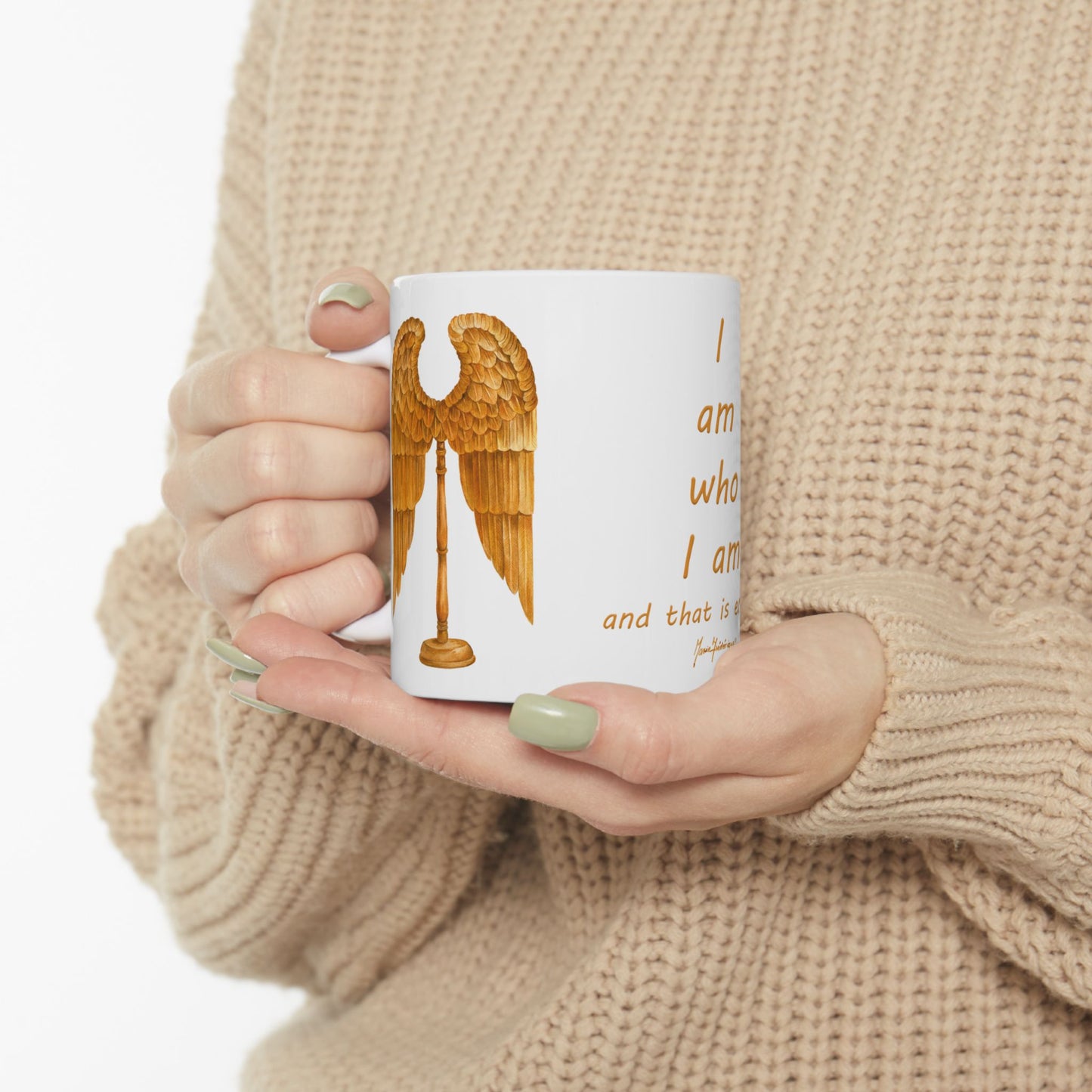 Angel Wings, "I am who I am and that is enough" Mantra Ceramic Mug in golden yellow, 11oz by Artist Marie Frederique