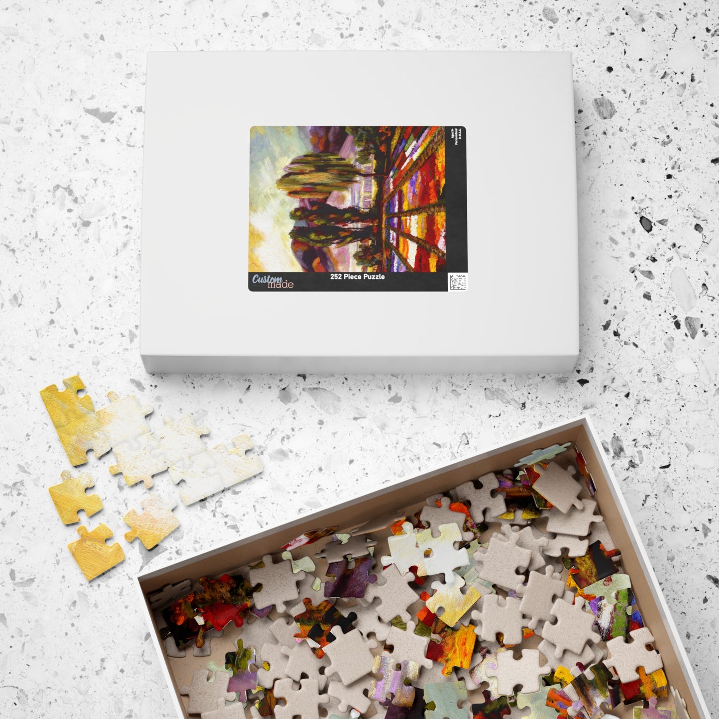 My Happy place, multicolored Flower fields with Eucalyptus trees Jigsaw Puzzle, 110, 252, 520-Piece by Artist Marie Frederique