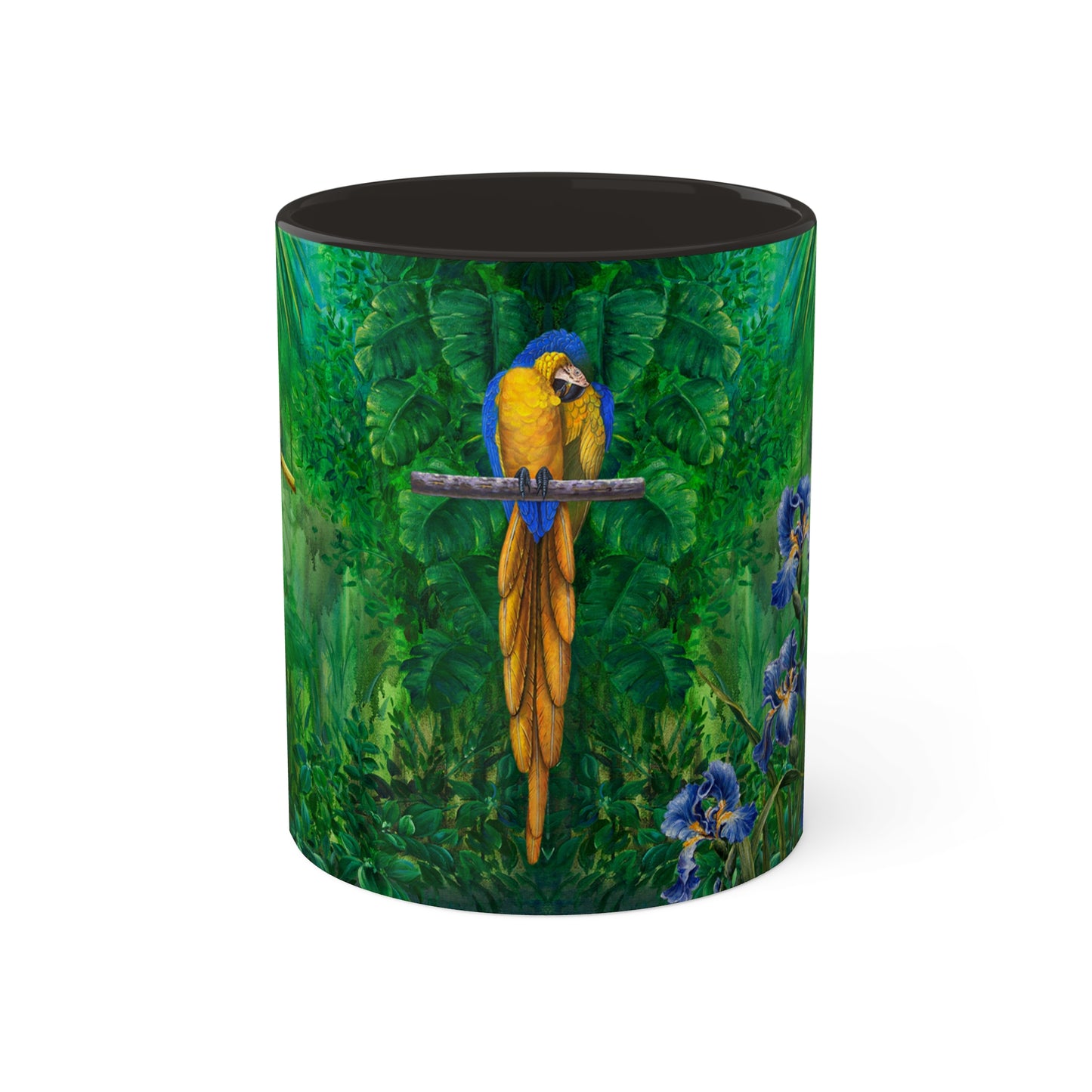 Planet Earth green jungle forest with parrots and blue Iris, in 5 colors. Mug, 11oz By Artist Marie Frederique