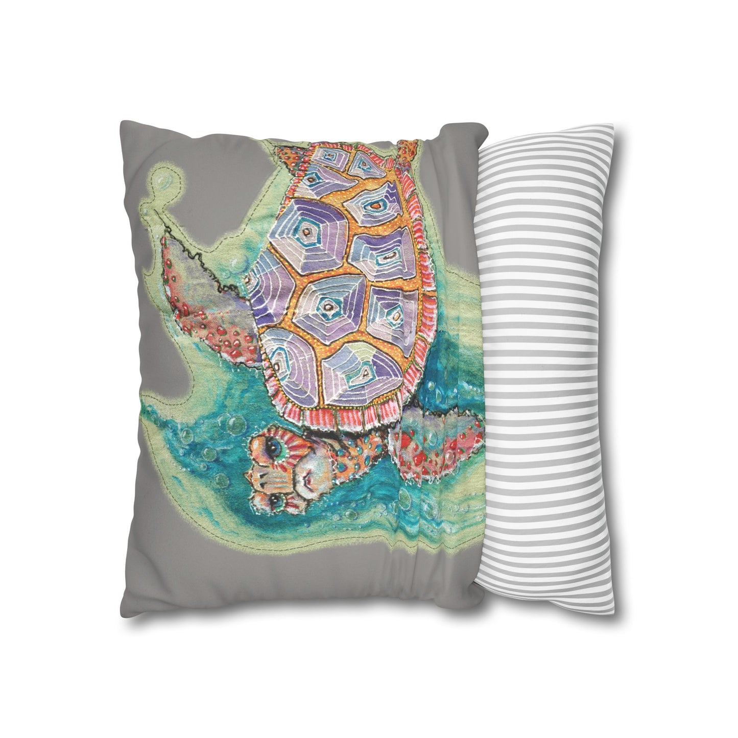 Sea Turtle Faux Suede Pillowcase — Colorful Coastal Throw Pillow Cover by artist Marie Frederique