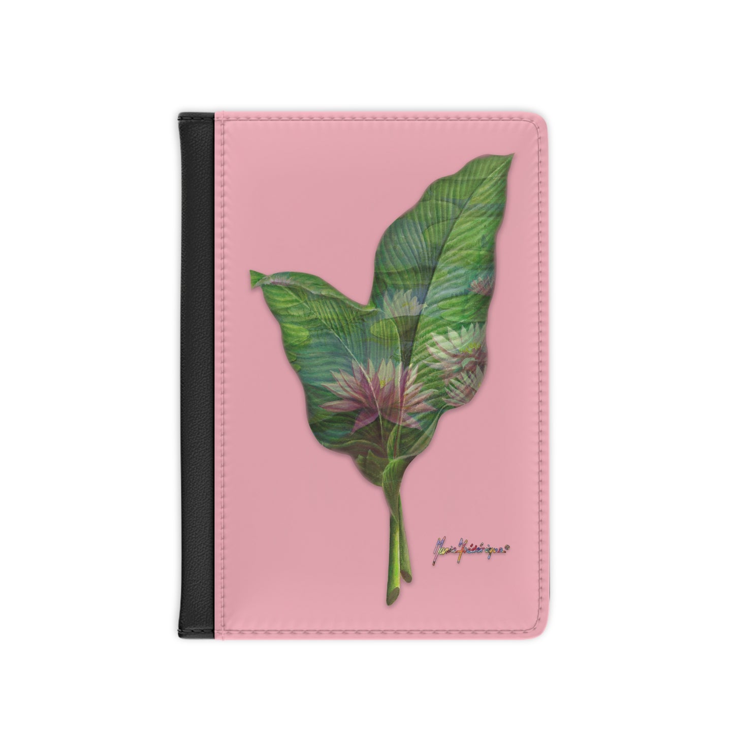 Passport Cover, Pink Lotus flower on green leaves with a pink background by artist Marie Frederique