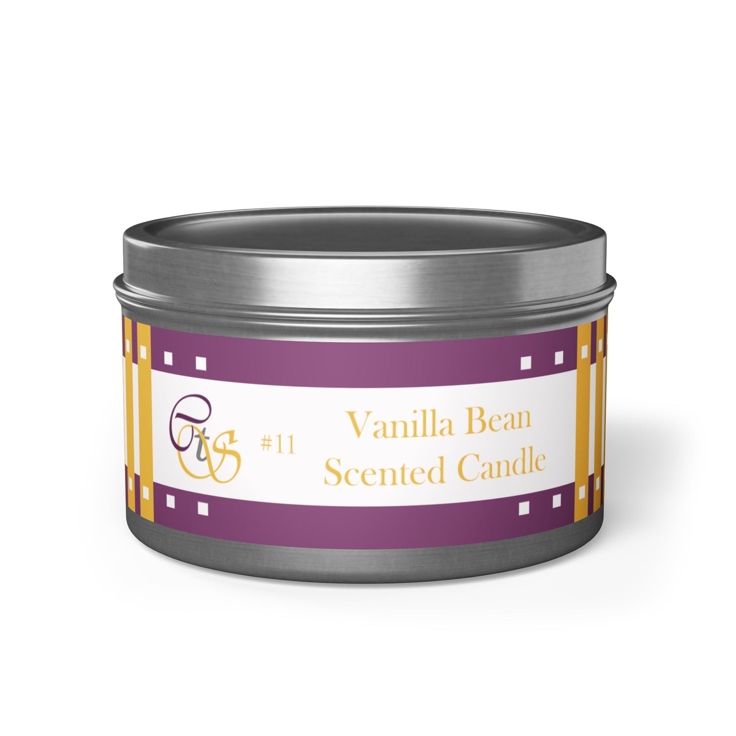 CTS #11 Candle Collection "Vanilla Bean" Scented Coconut Soy Wax Candle in a metal tin. 4 oz or 8 oz, 3 tin colors silver, black or gold