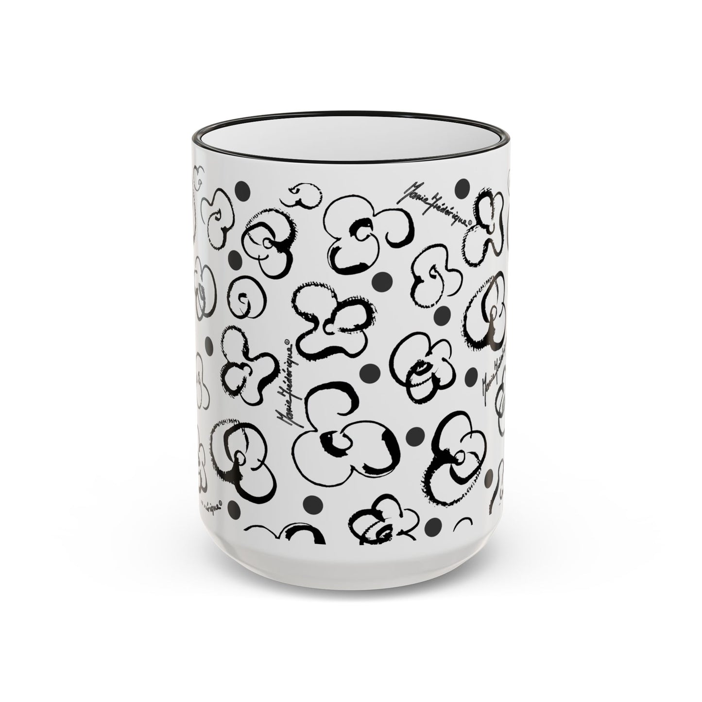 Black & White Floral Brush Doodle Accent Mug (11oz/15oz) by artist Marie Frederique