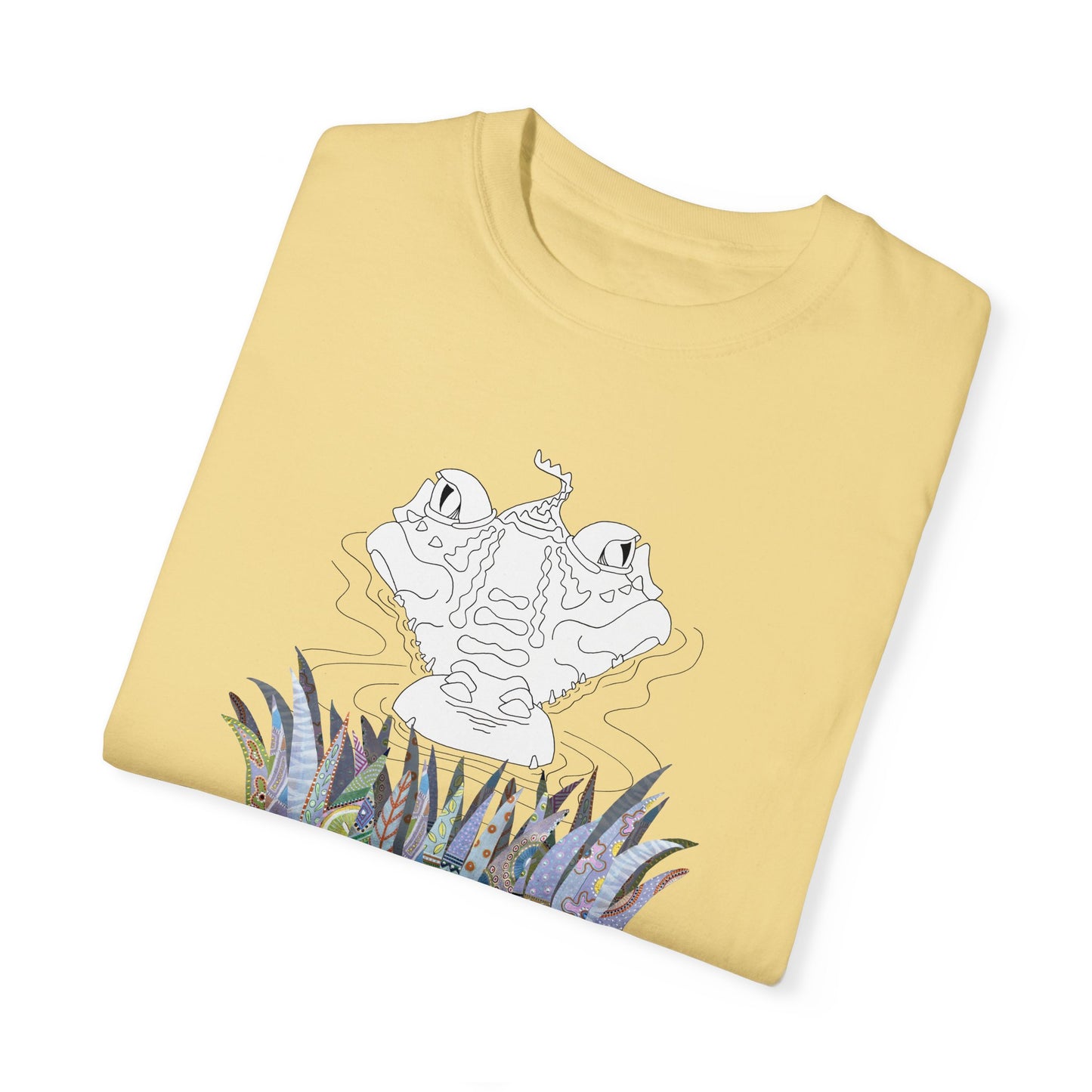 Gator Trip, Reptilian lovers - whimsical drawing in Black & White with painted foliage - Unisex Garment-Dyed T-shirt by artist Marie Frederique