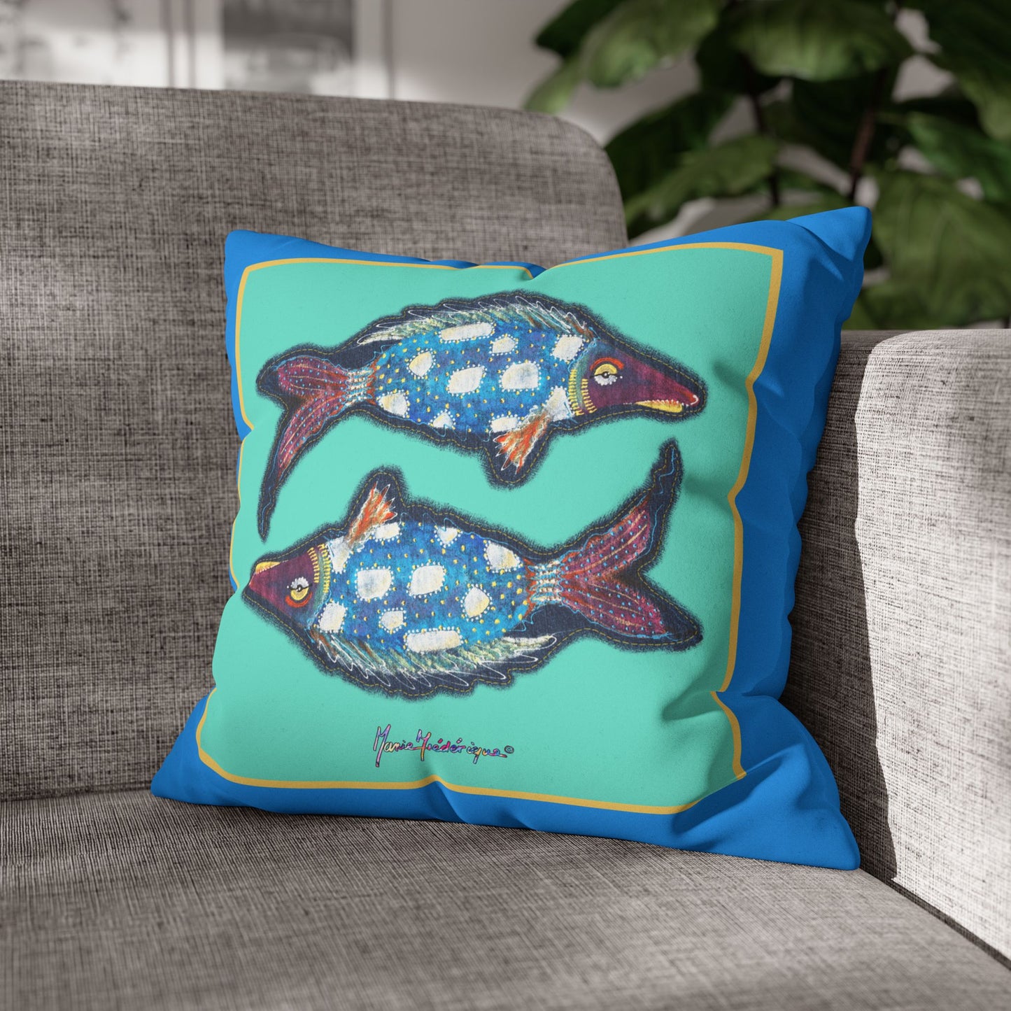 Pisces Fish Faux Suede Pillowcase — Blue Twin Fish Decorative Throw Pillow Cover by artist Marie Frederique