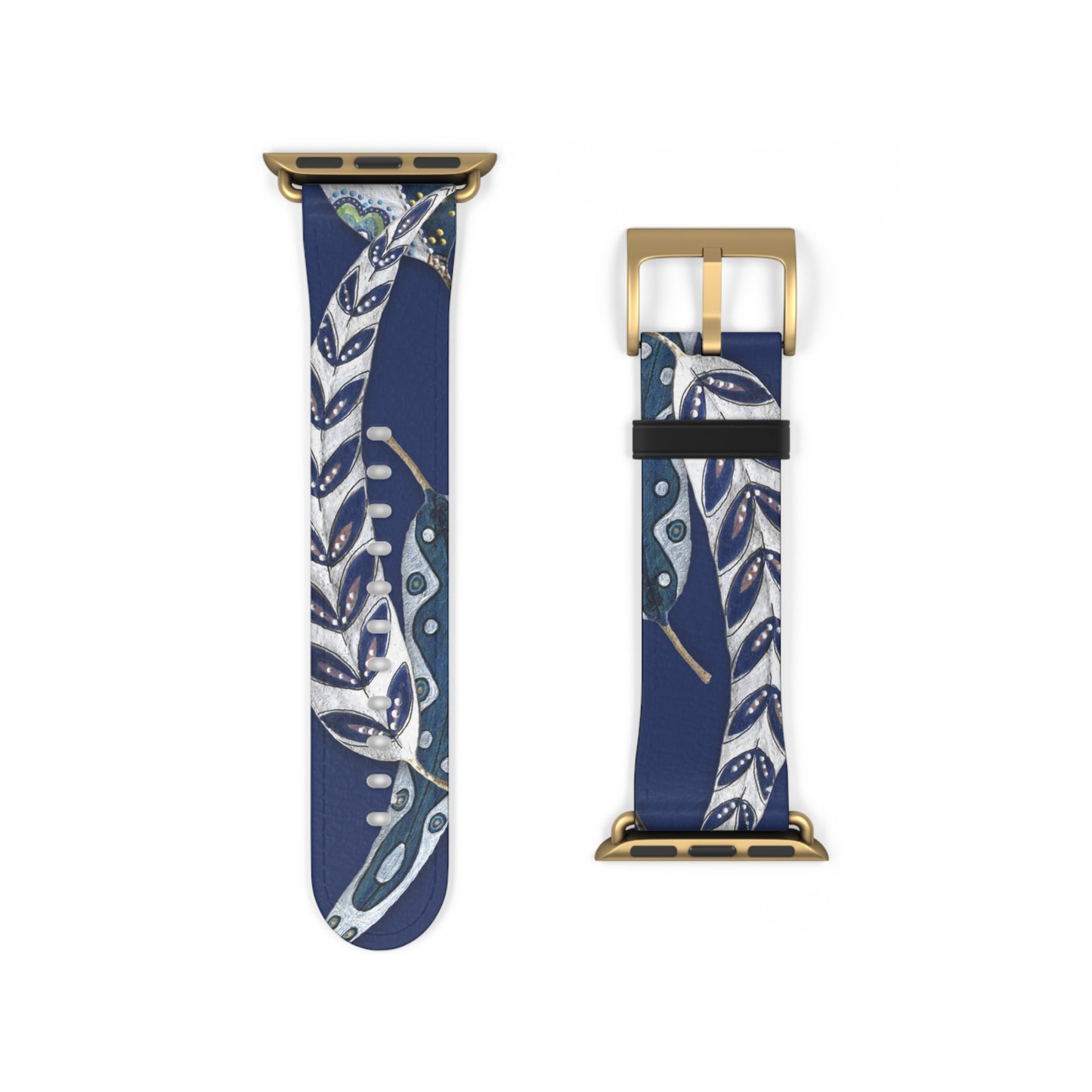 Blue Planet Series, Navy and White painted leaves on faux leather Watch Band by artist Marie Frederique