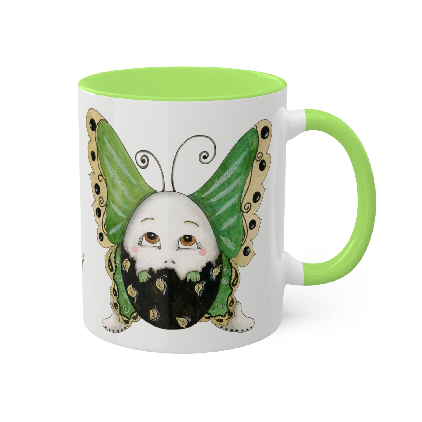 Whimsical Egg Butterfly 2 "Fly, baby fly", Colorful Mugs in black, red and green, 11oz by Artist Marie Frederique