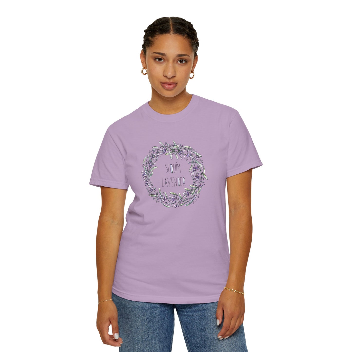 Lavender Wreath, Sequim WA - Unisex Garment-Dyed T-shirt by artist Marie Frederique