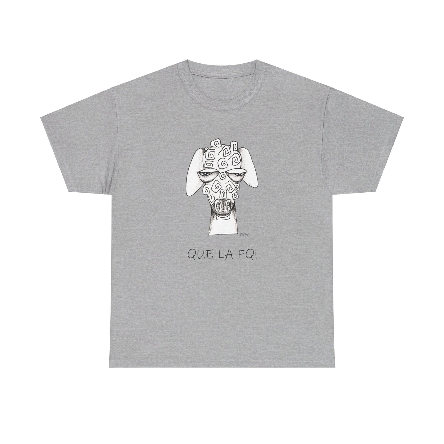 Adult Humor "QUE LA FQ!" with a whimsical drawing of a sheep's face - Unisex Heavy Cotton Tee by artist Marie Frederique