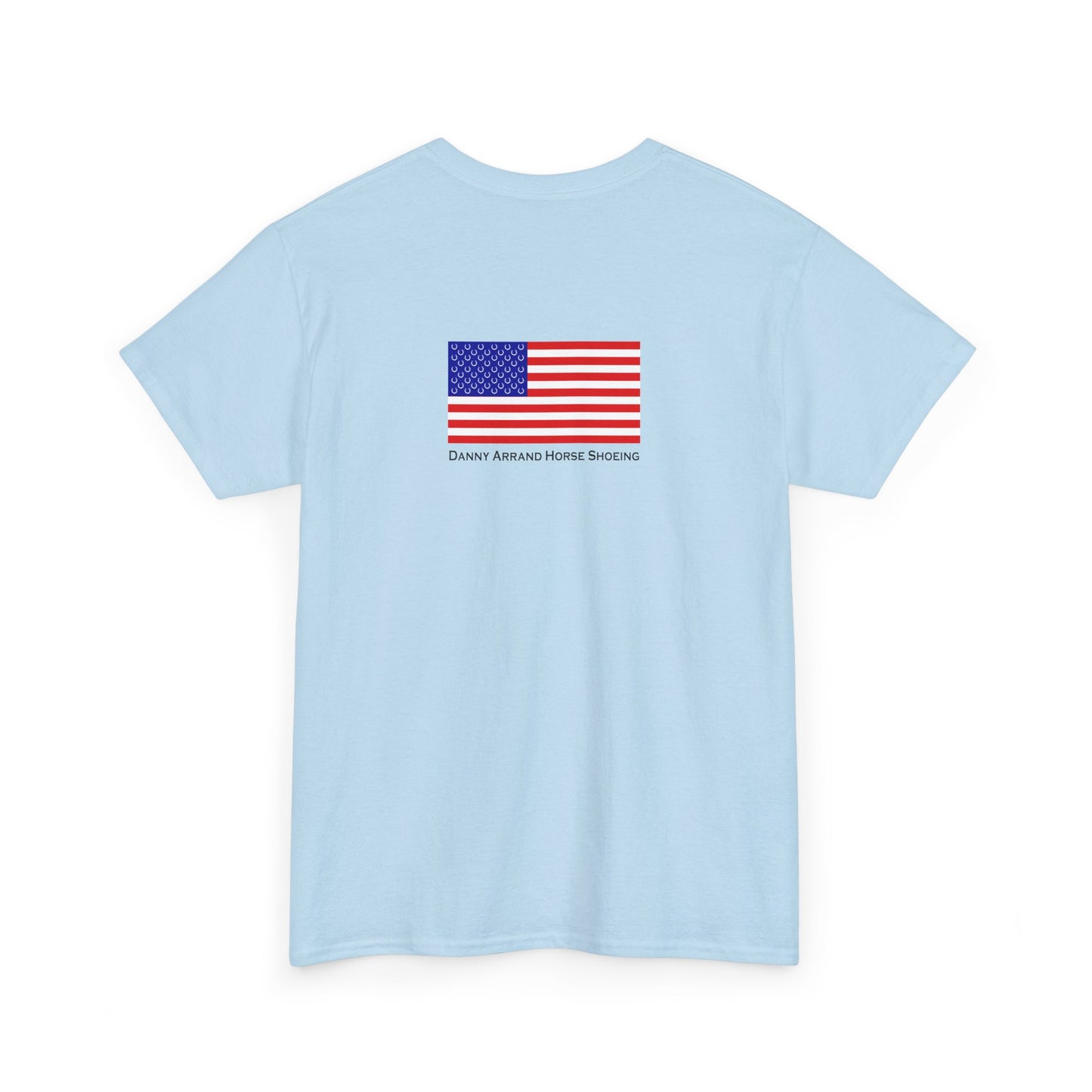 Horseshoeing humor, Unisex Heavy Cotton Tee - 'No More Shoes!' Graphic Tee with American Flag, Danny Arrand