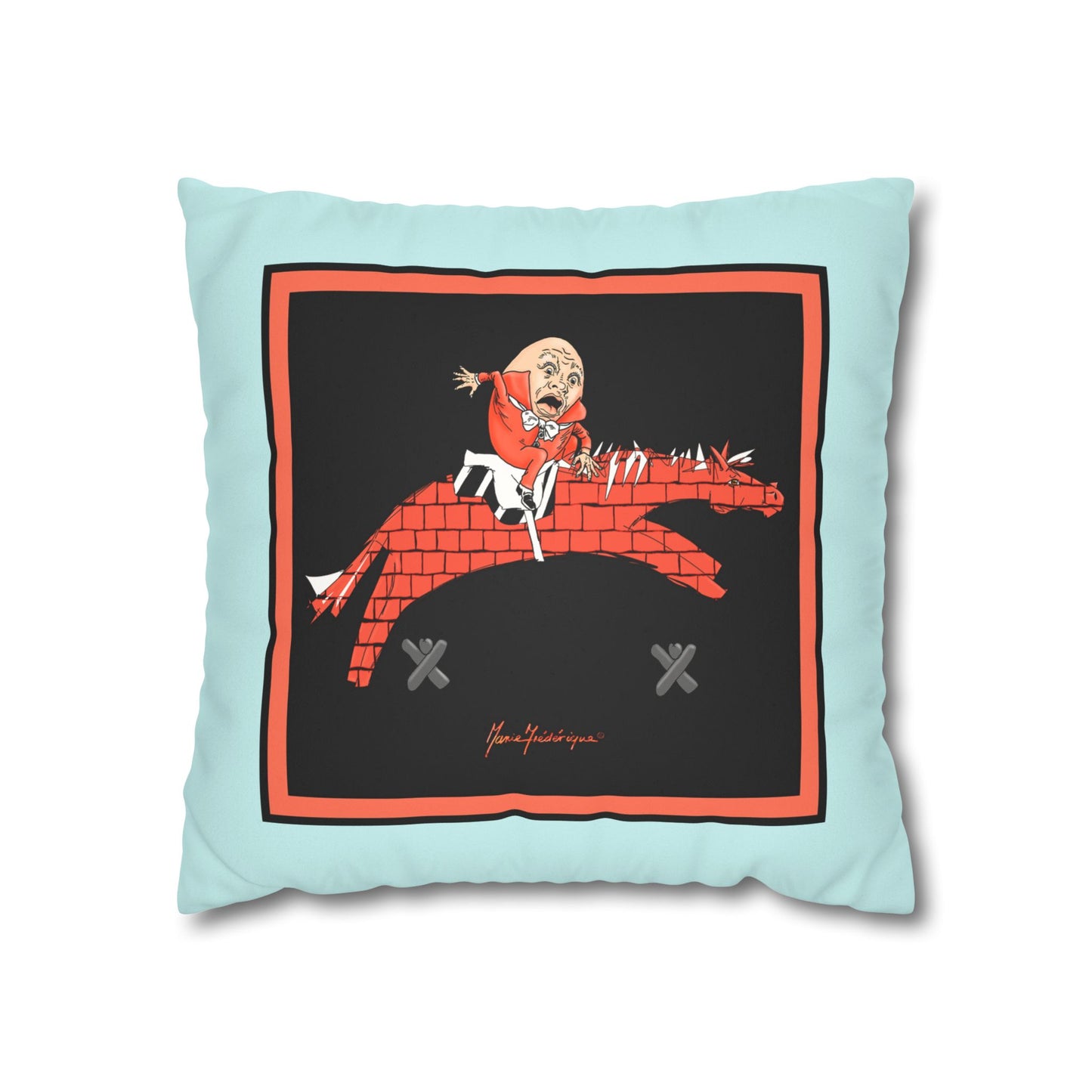 Humpty Jumpty Faux Suede Pillowcase — Retro Graphic Square Throw Pillow Cover by artist Marie Frederique