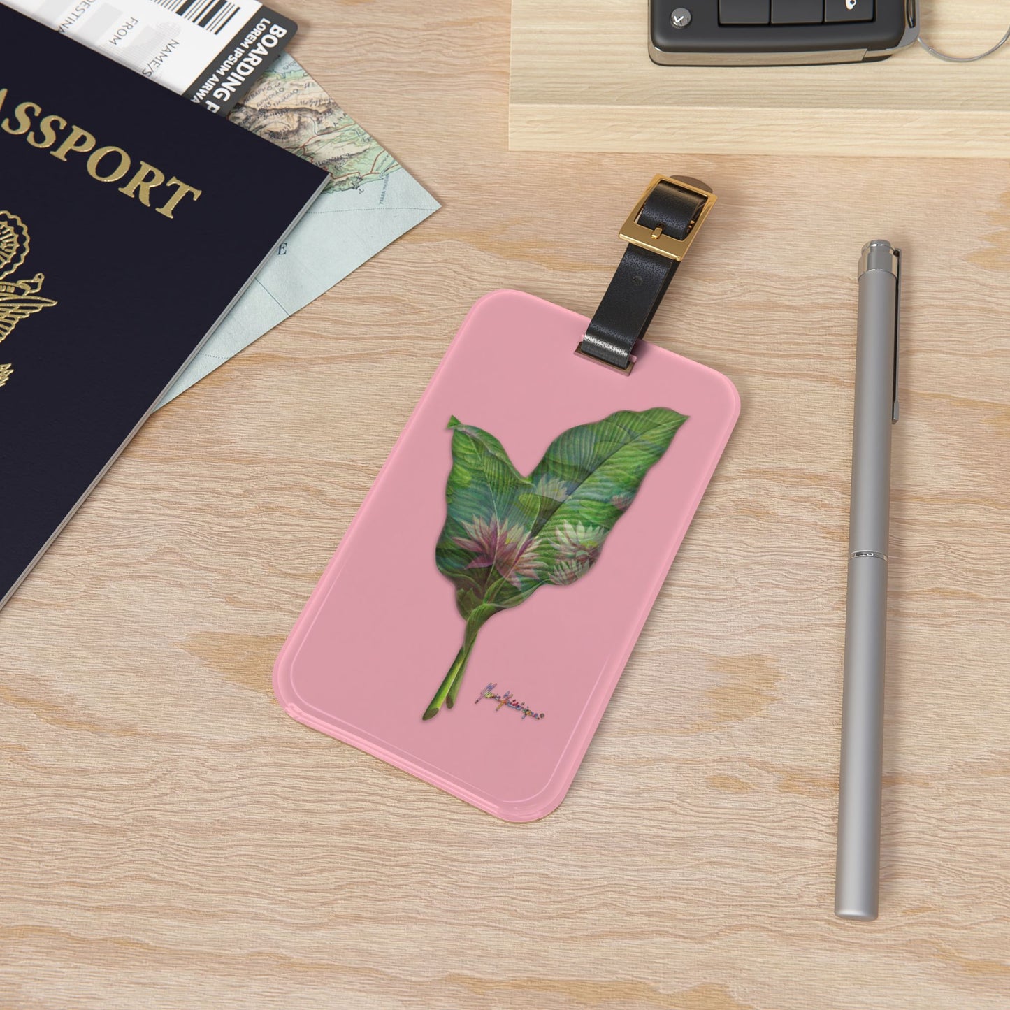 Luggage Tag with leather strap, Pink Lotus flower on a pink background by artist Marie Frederique