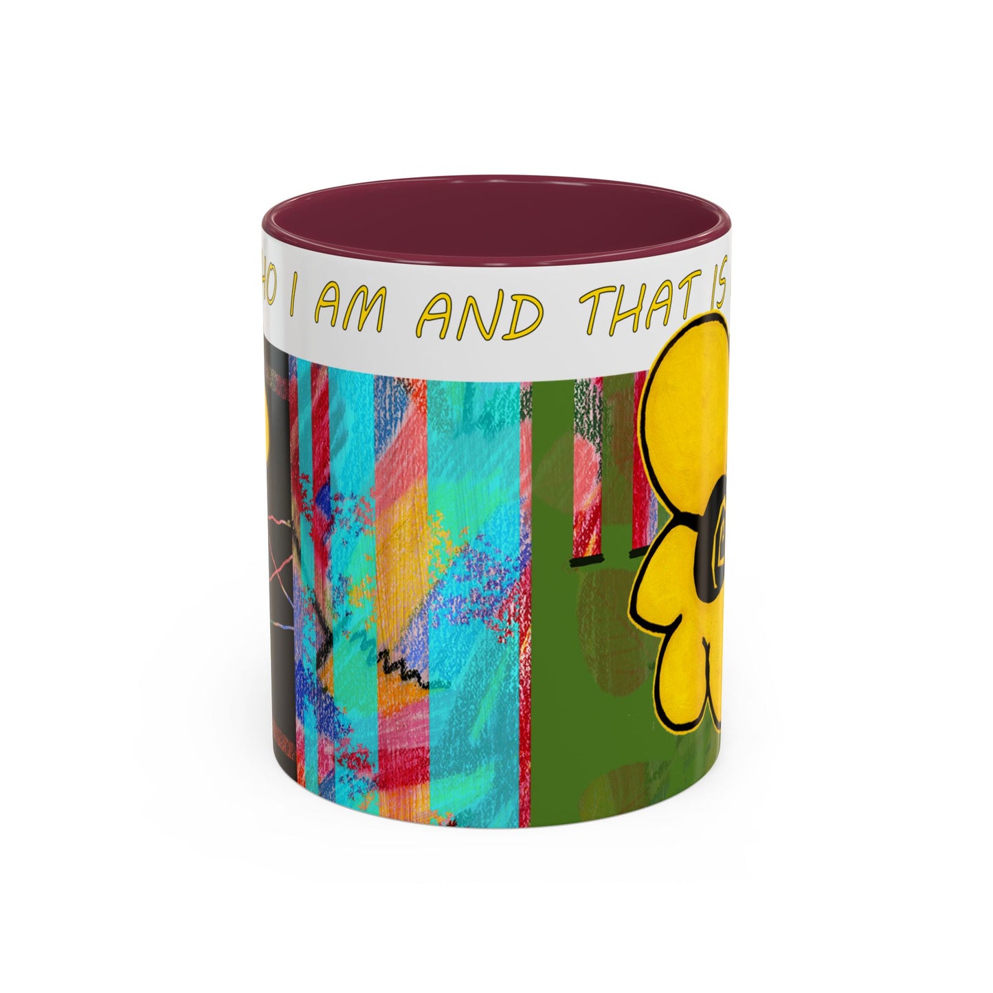 I am who I am and that is enough, multicolored abstract mug by artist Marie Frederique