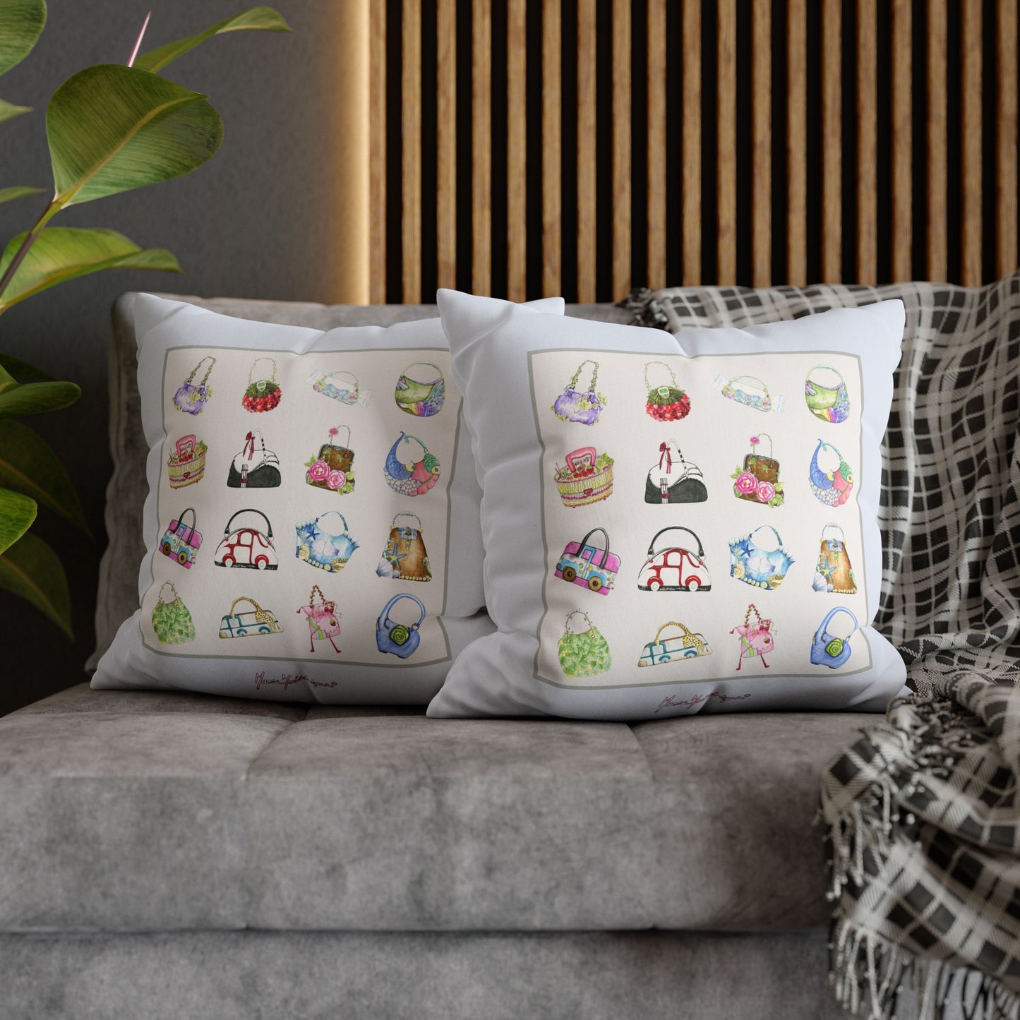 Handbag Illustration Faux Suede Pillowcase — Decorative Square Throw Pillow by artist Marie Frederique