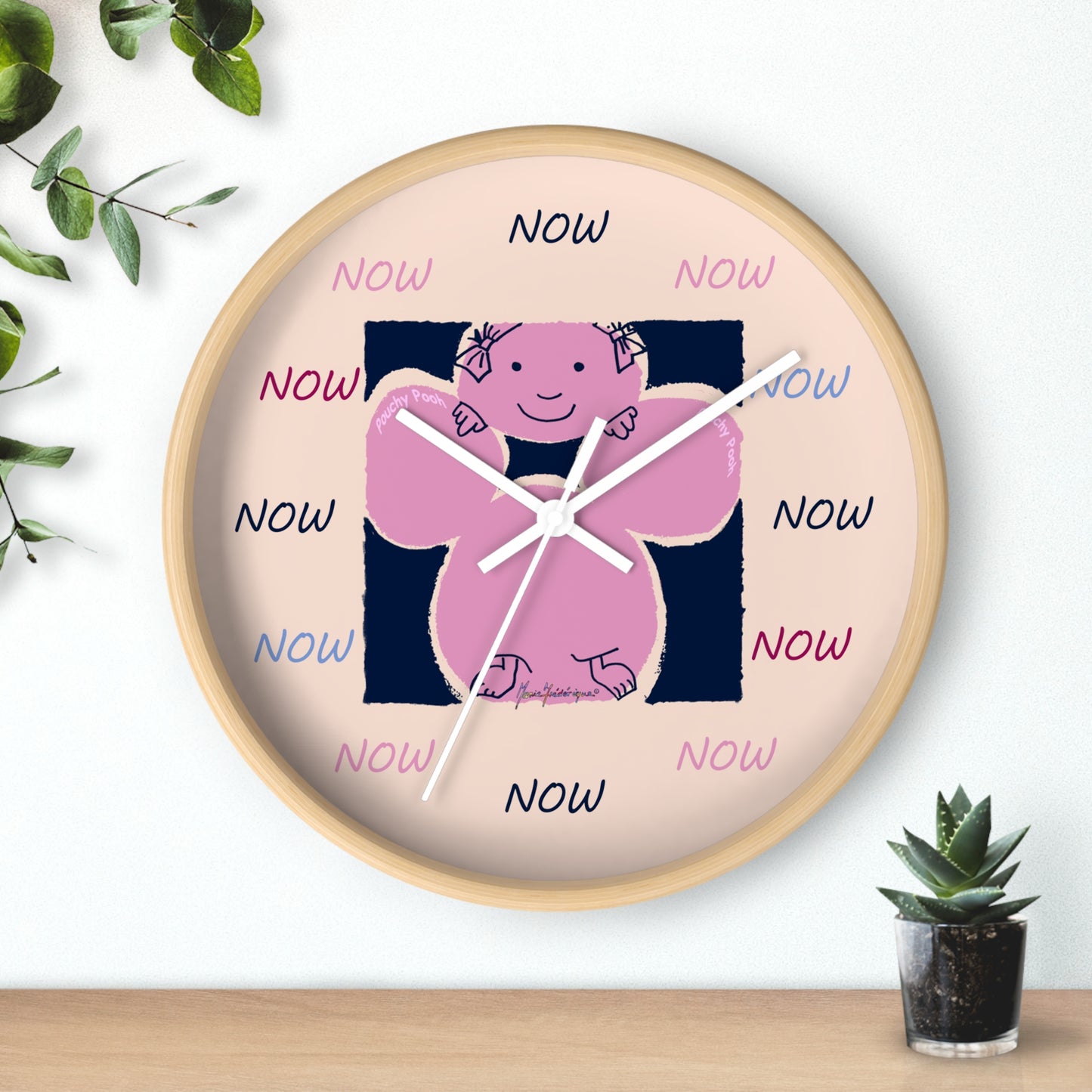 NOW - Wall Clock Pouchy Pooh (Pronounced Puchi Poo) in pink and navy by Artist Maria Frederique