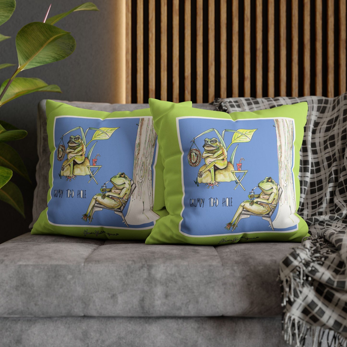 Grumpy Toad Hole - Frenchie Camping Square Pillowcase by artist Marie Frederique