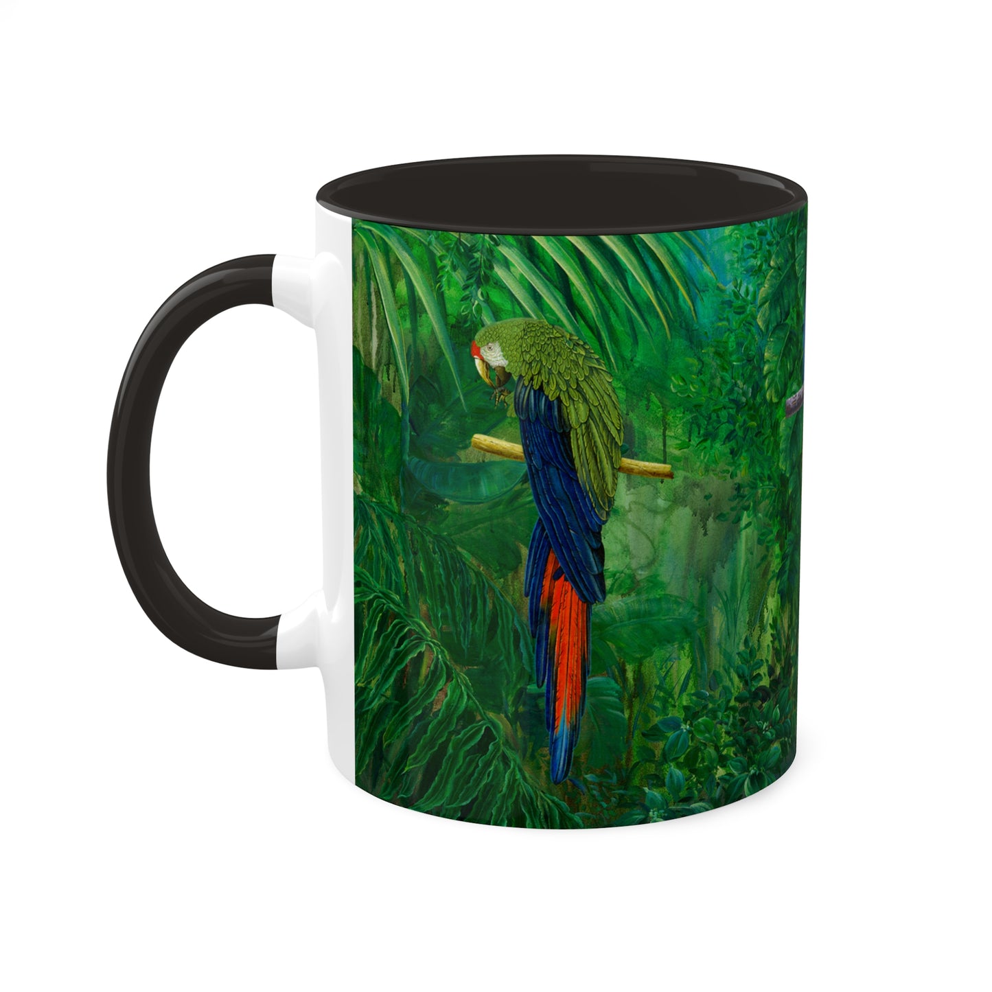 Planet Earth green jungle forest with parrots and blue Iris, in 5 colors. Mug, 11oz By Artist Marie Frederique